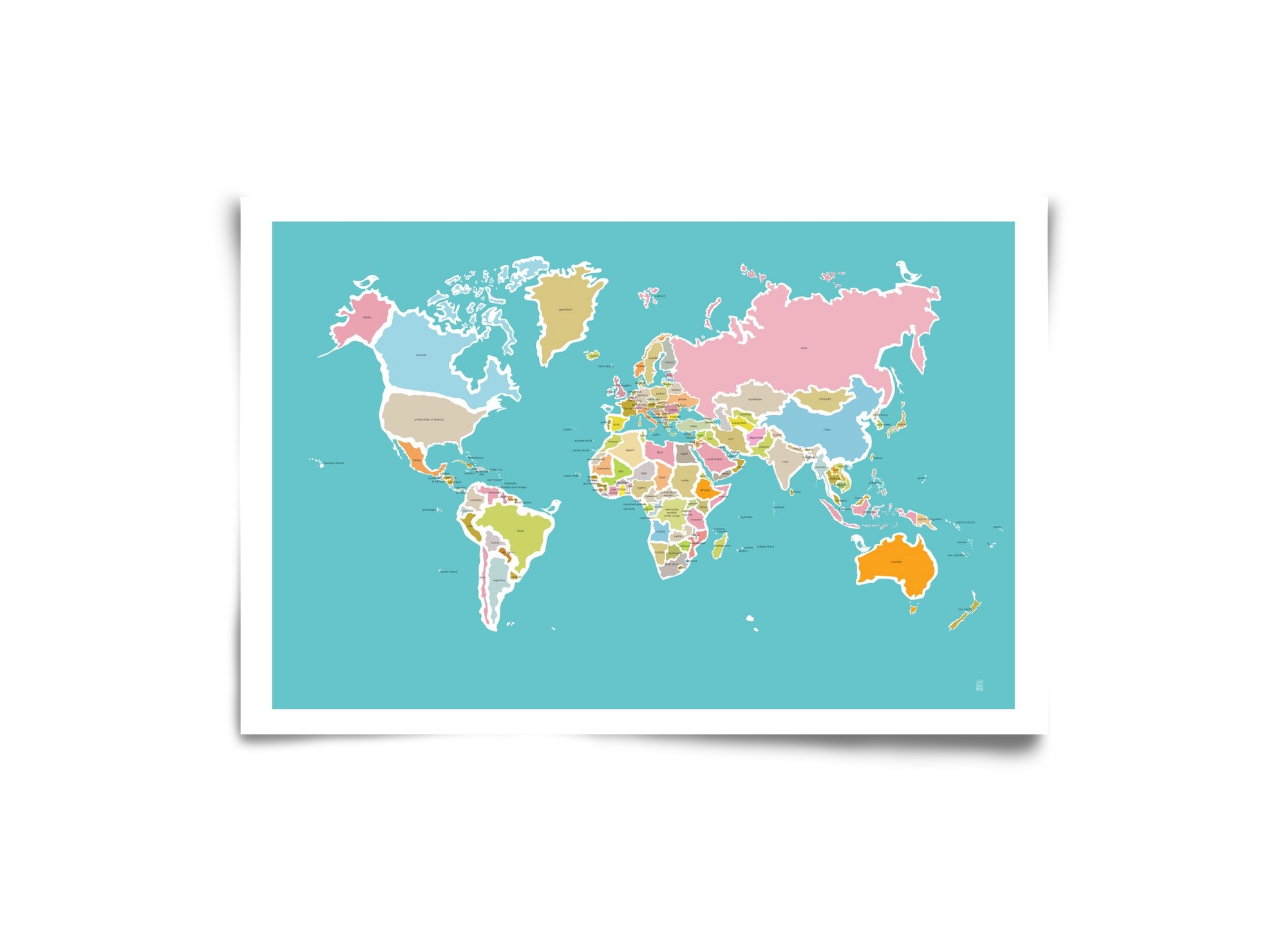 Worldmap with birds, 30x20 cm, Keret nélkül