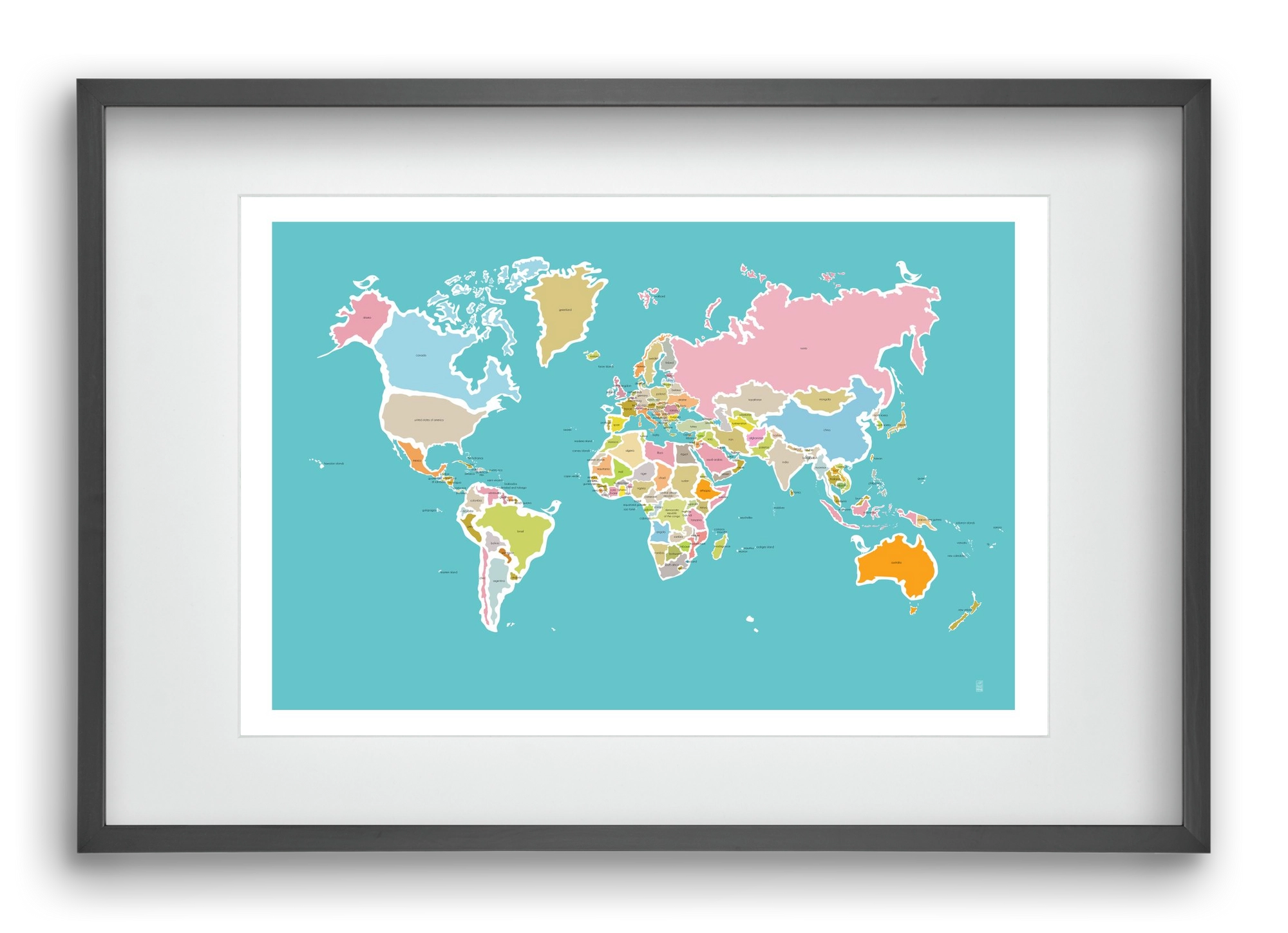 Worldmap with birds, 60x40 cm (45x30 cm), Fekete keret, paszpartuval