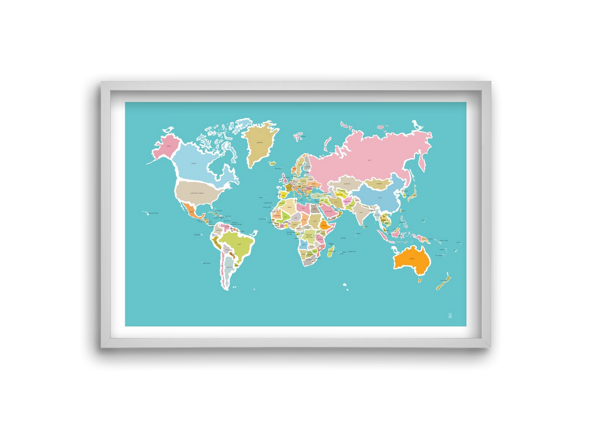 Worldmap with birds, 30x20 cm (30x20 cm), Fehér keret