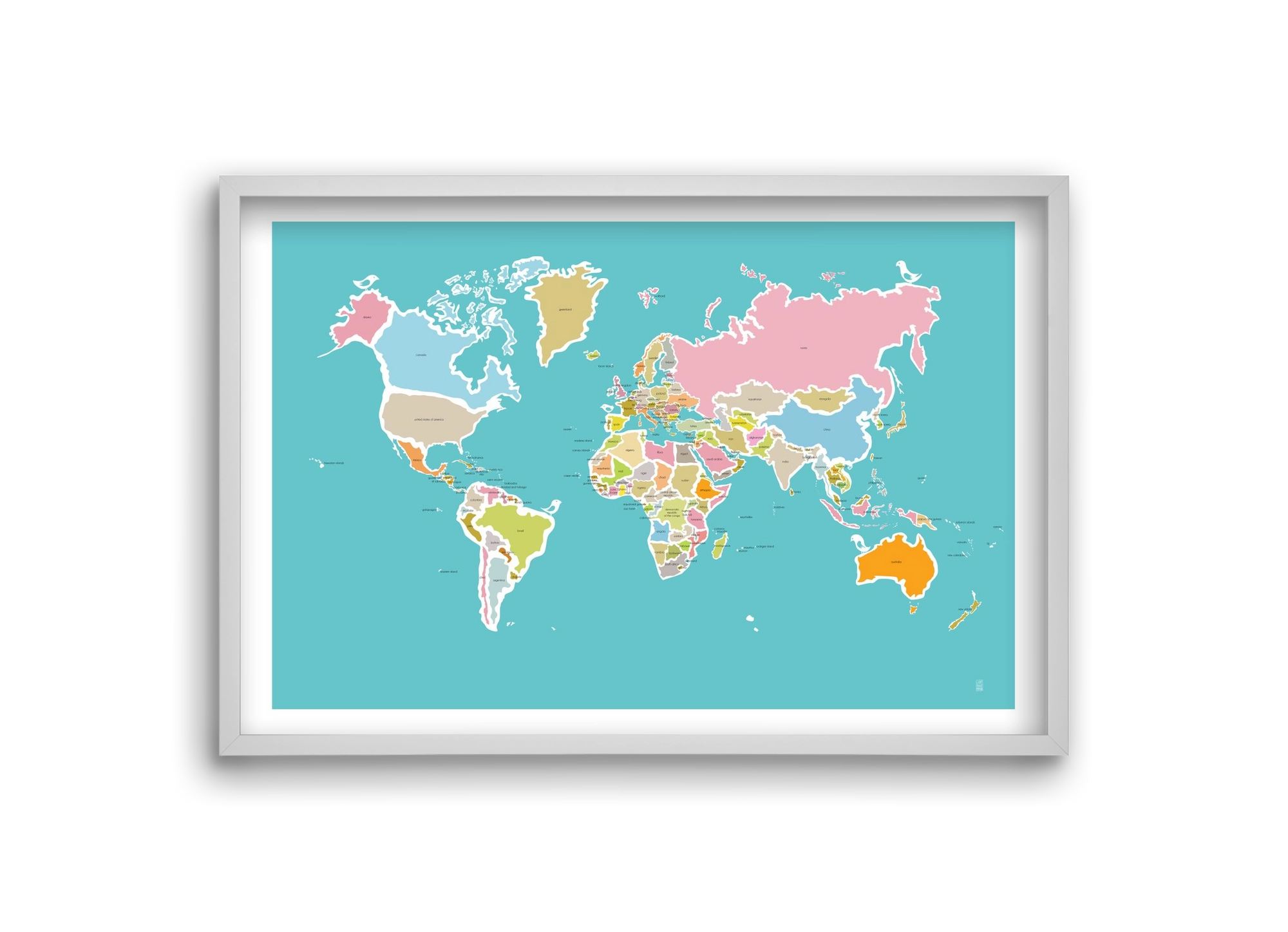 Worldmap with birds, 30x20 cm (30x20 cm), Fehér keret