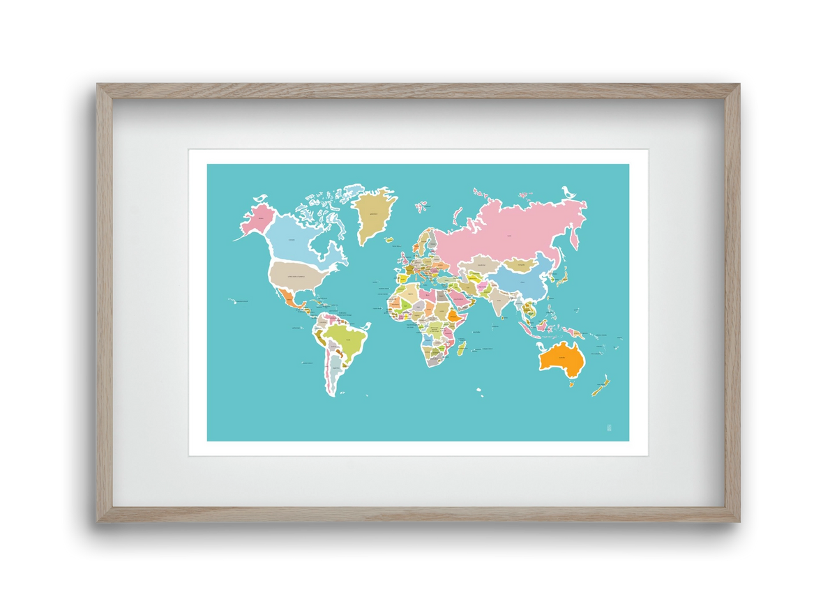 Worldmap with birds, 45x30 cm (30x20 cm), Tölgy keret, paszpartuval