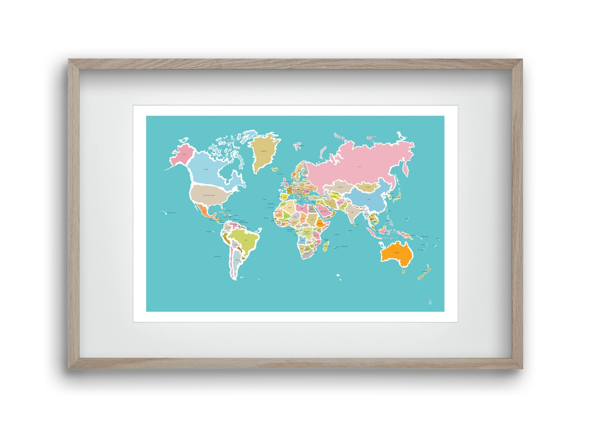 Worldmap with birds, 45x30 cm (30x20 cm), Tölgy keret, paszpartuval