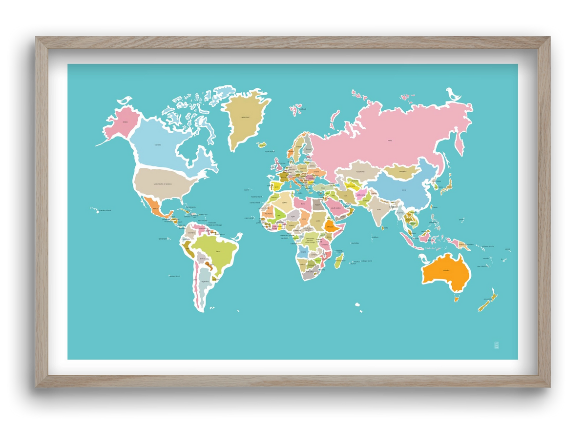 Worldmap with birds, 60x40 cm (60x40 cm), Tölgy keret