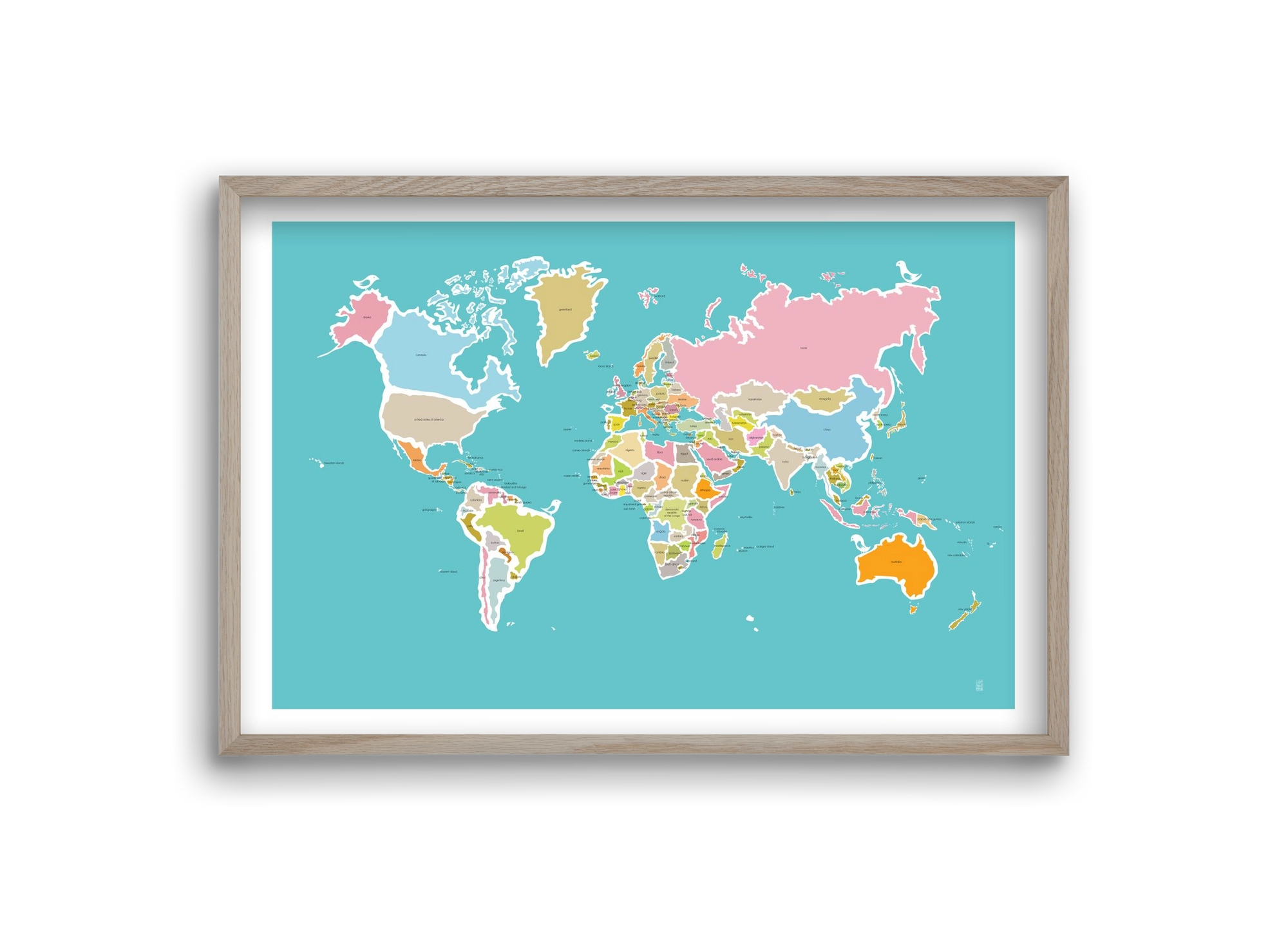 Worldmap with birds, 30x20 cm (30x20 cm), Tölgy keret
