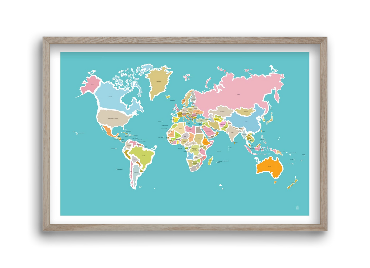 Worldmap with birds, 45x30 cm (45x30 cm), Tölgy keret