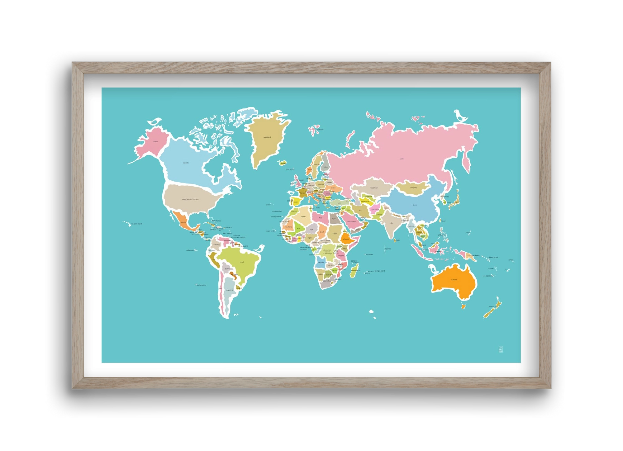 Worldmap with birds, 45x30 cm (45x30 cm), Tölgy keret