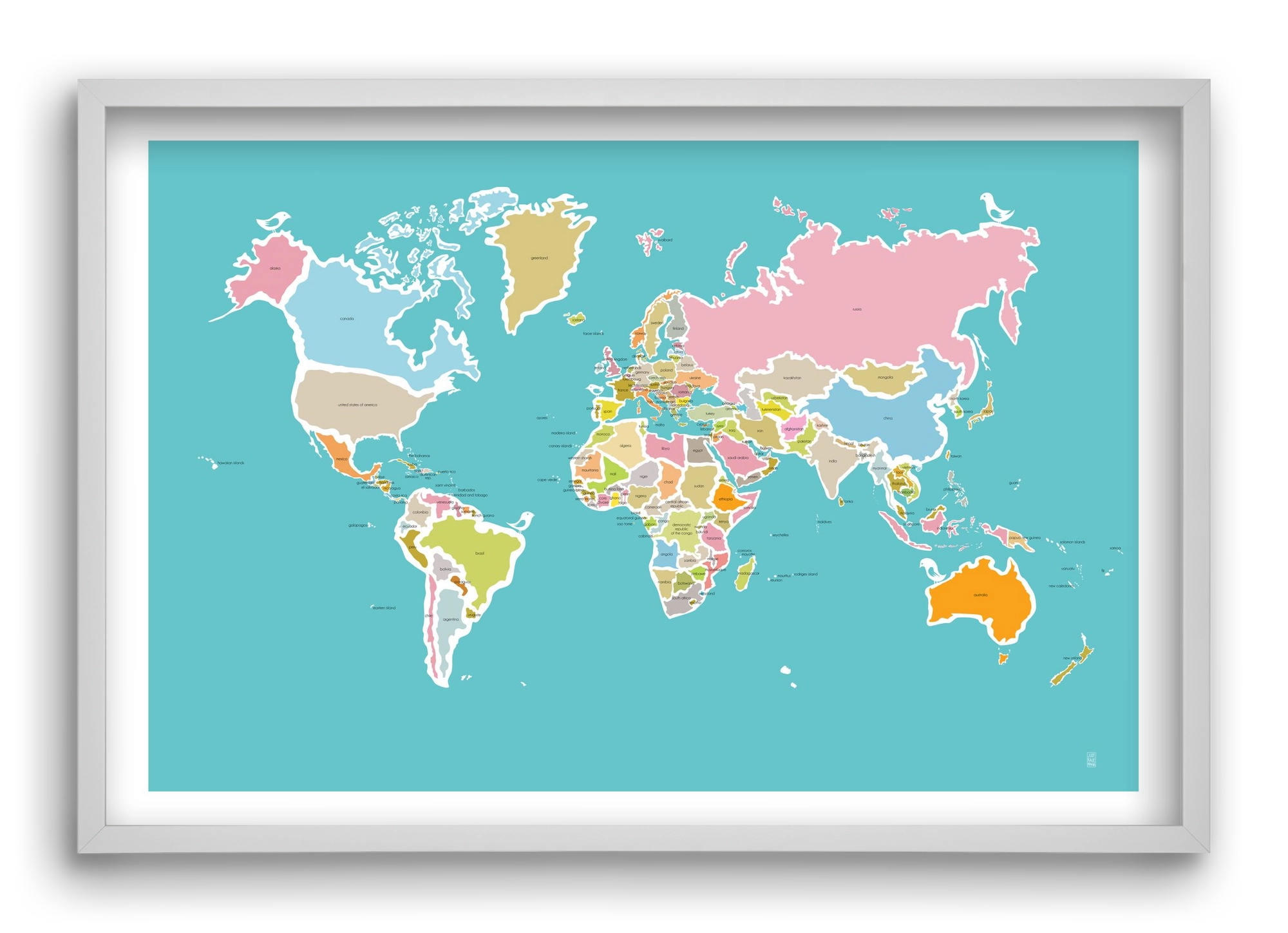 Worldmap with birds, 60x40 cm (60x40 cm), Fehér keret