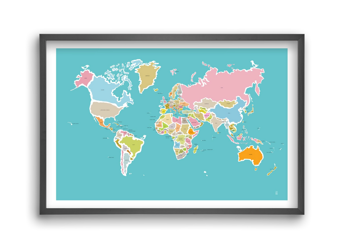 Worldmap with birds, 45x30 cm (45x30 cm), Fekete keret