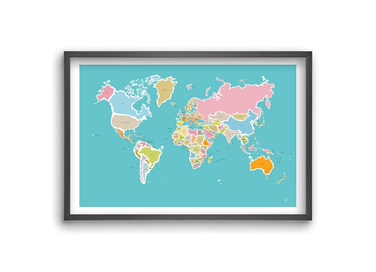 Worldmap with birds, 30x20 cm (30x20 cm), Fekete keret