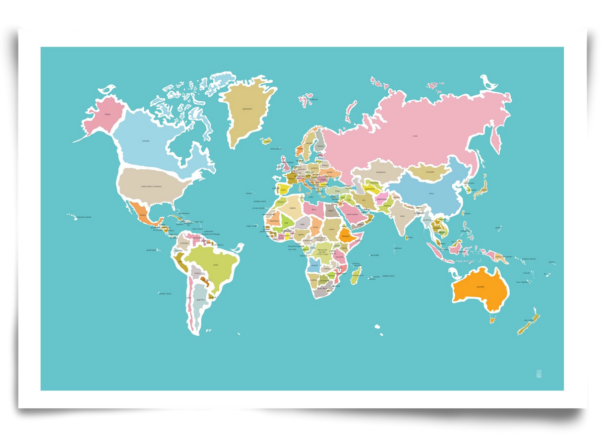 Worldmap with birds, 90x60 cm, Keret nélkül