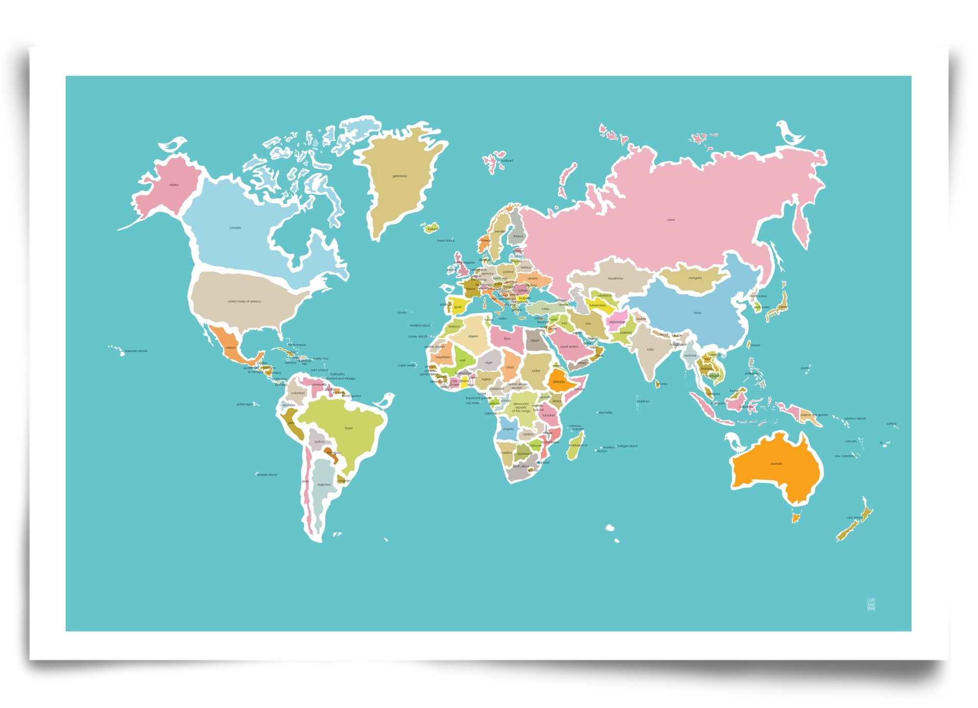 Worldmap with birds, 90x60 cm, Keret nélkül