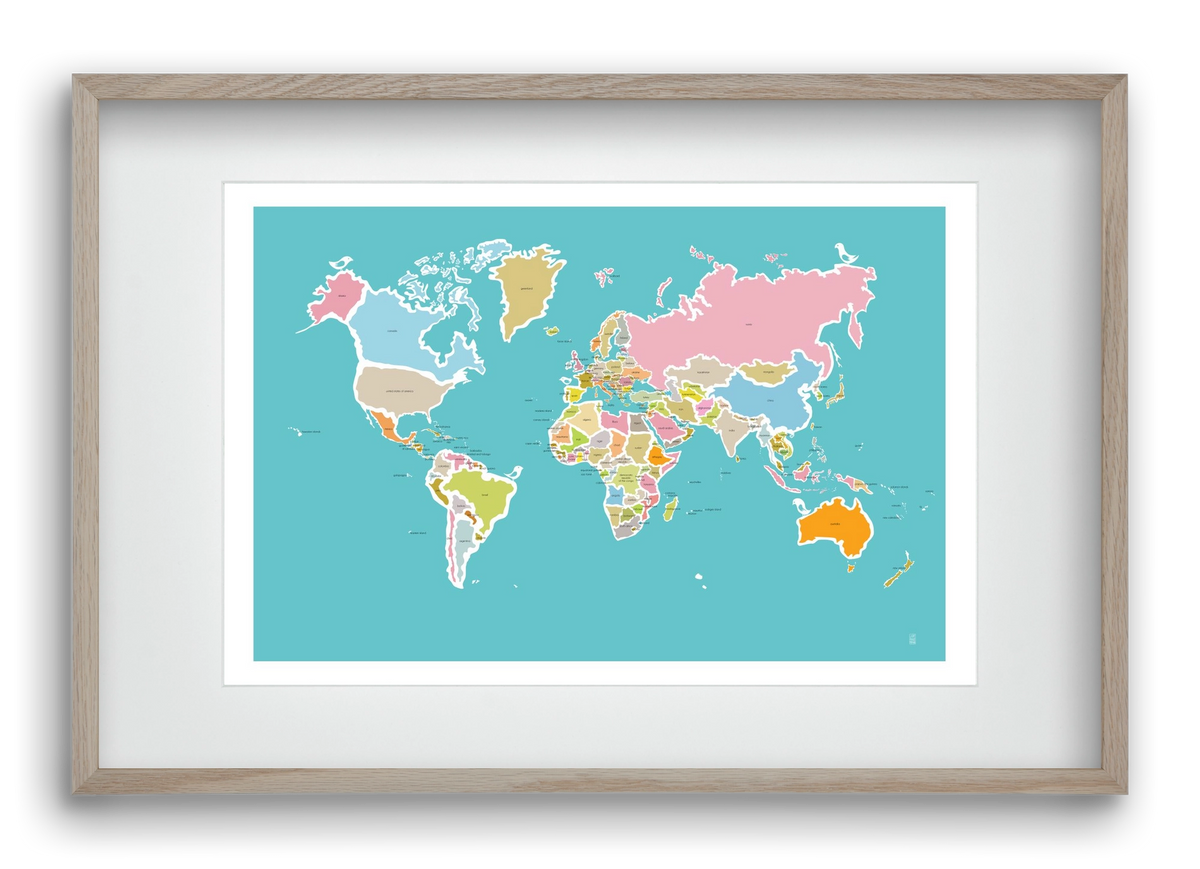 Worldmap with birds, 60x40 cm (45x30 cm), Tölgy keret, paszpartuval