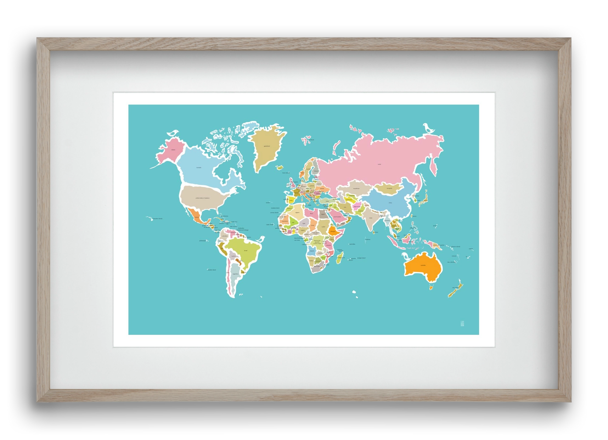 Worldmap with birds, 60x40 cm (45x30 cm), Tölgy keret, paszpartuval