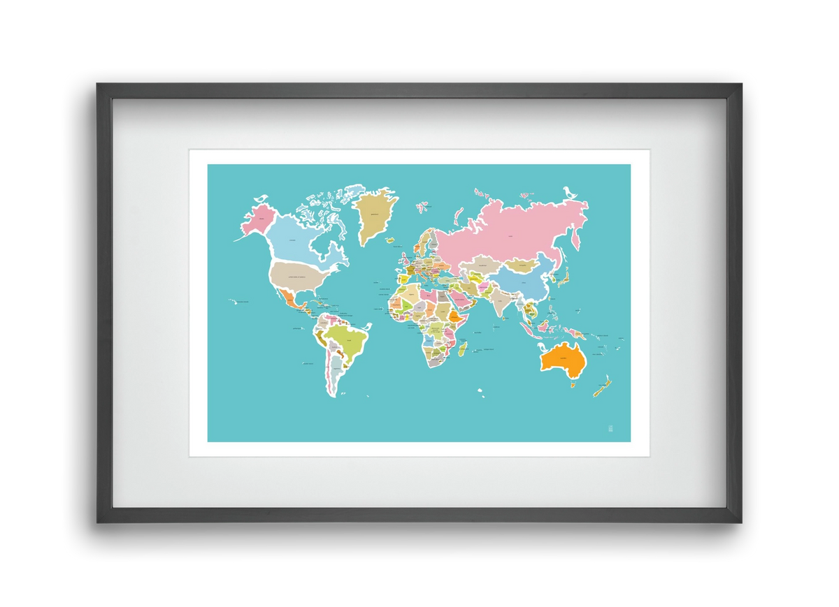 Worldmap with birds, 45x30 cm (30x20 cm), Fekete keret, paszpartuval