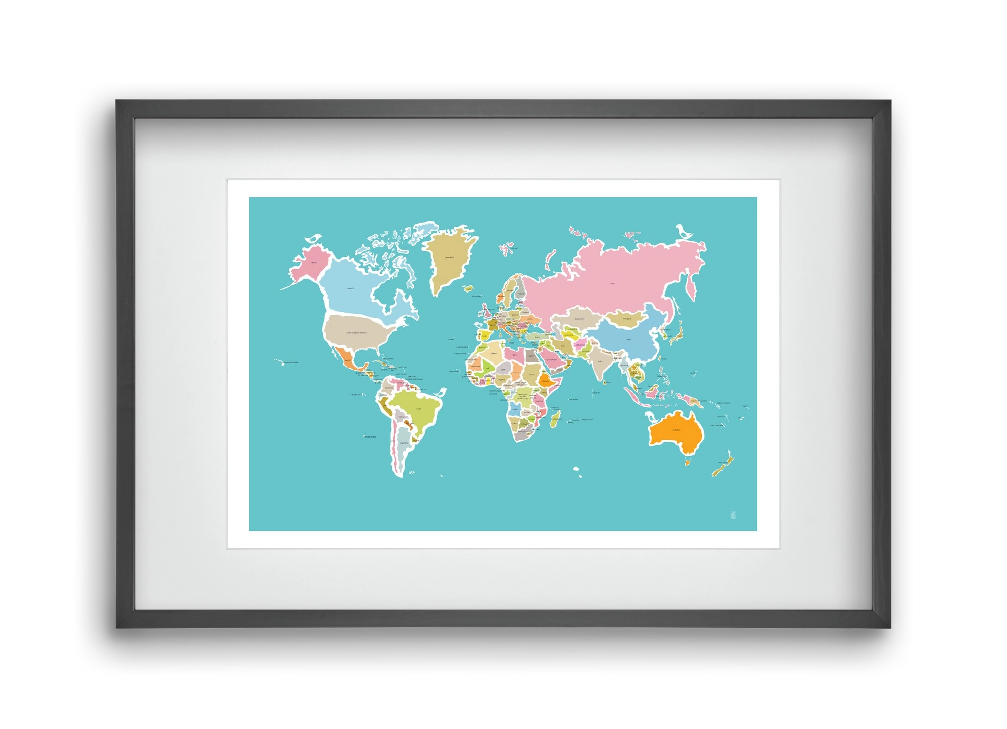 Worldmap with birds, 45x30 cm (30x20 cm), Fekete keret, paszpartuval