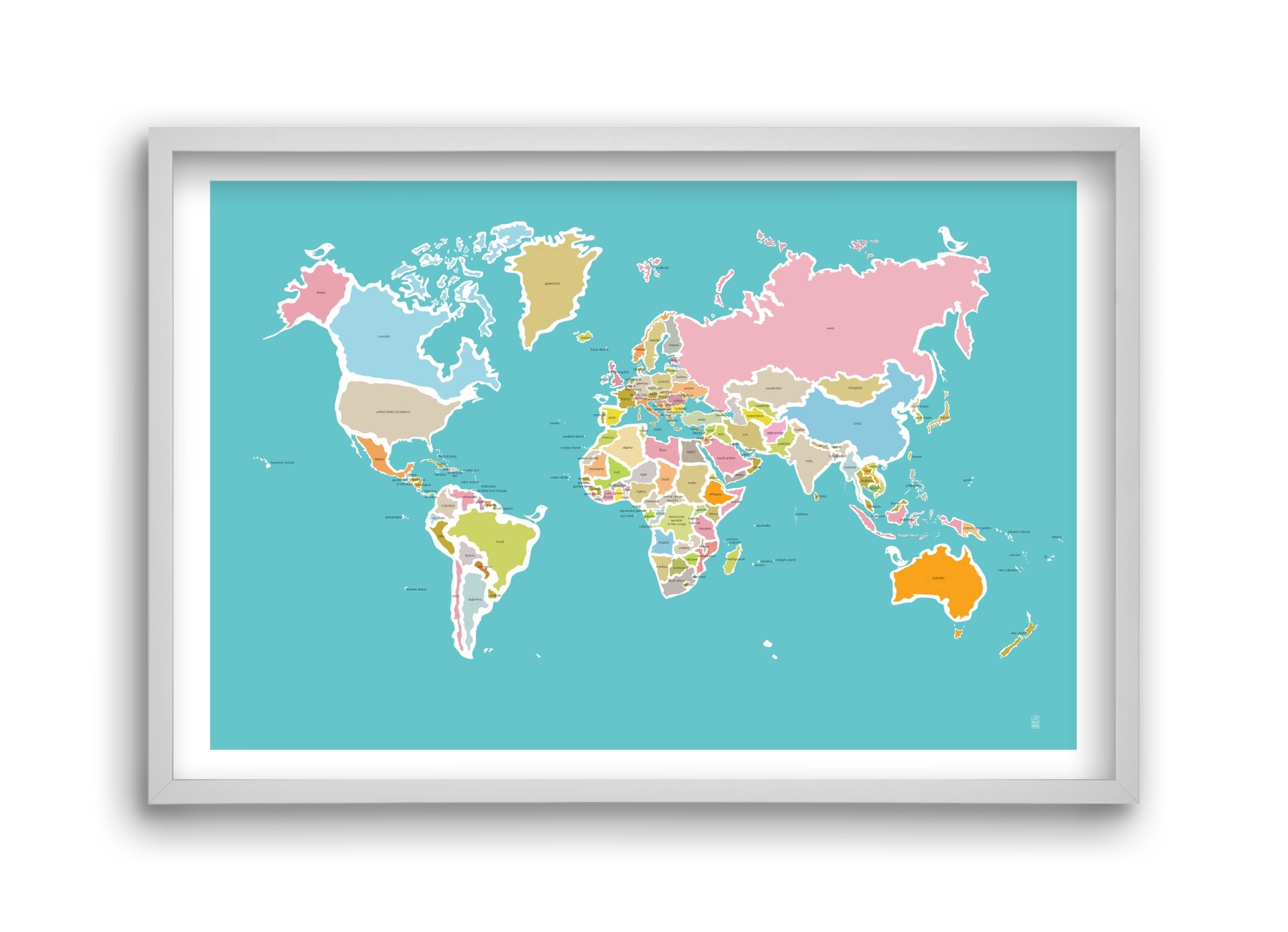 Worldmap with birds, 45x30 cm (45x30 cm), Fehér keret