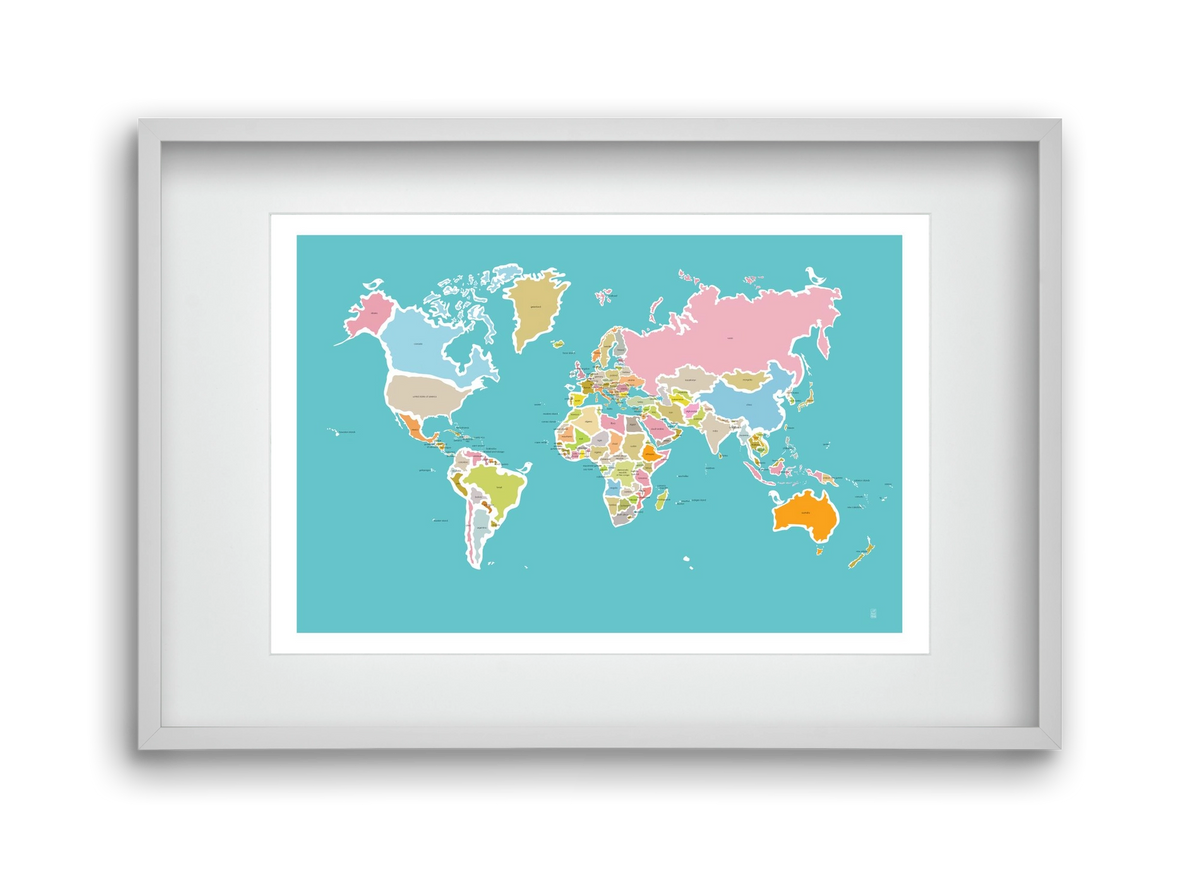 Worldmap with birds, 45x30 cm (30x20 cm), Fehér keret, paszpartuval