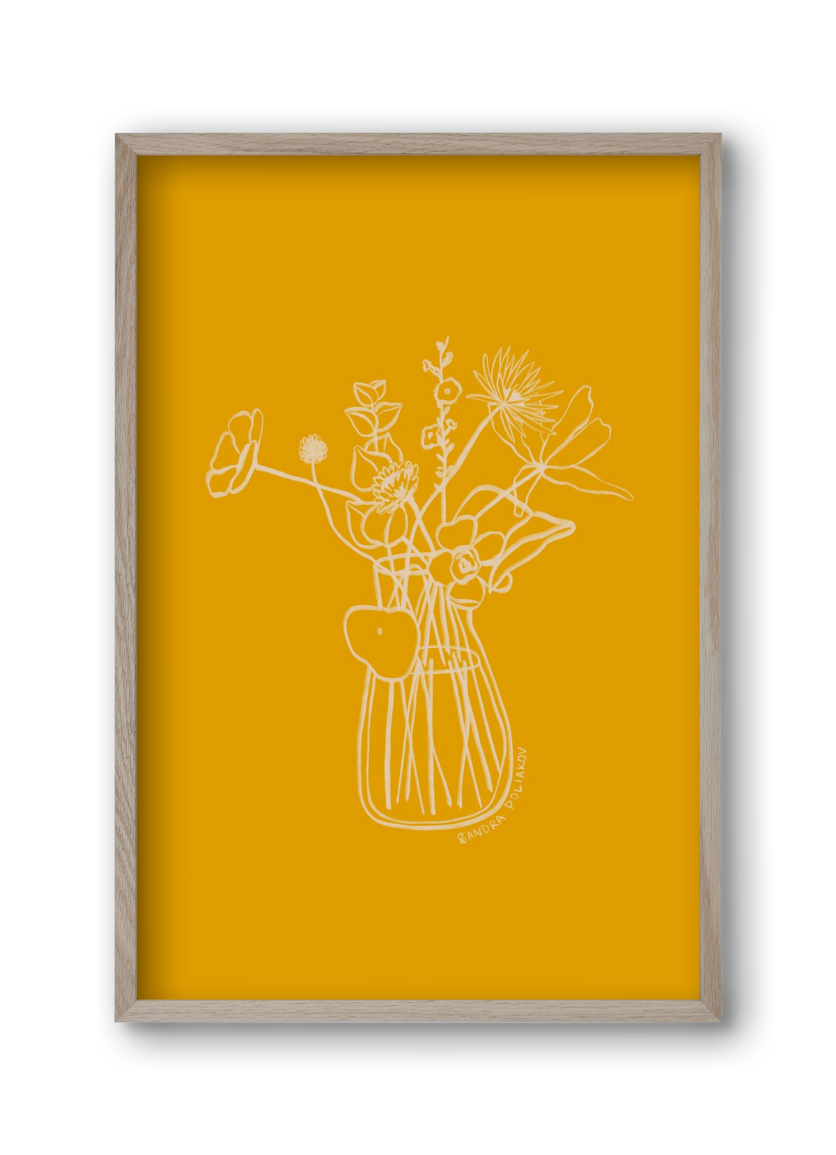 FLOWERS AND LEAVES IN YELLOW, 30x45 cm (30x45 cm), Tölgy keret