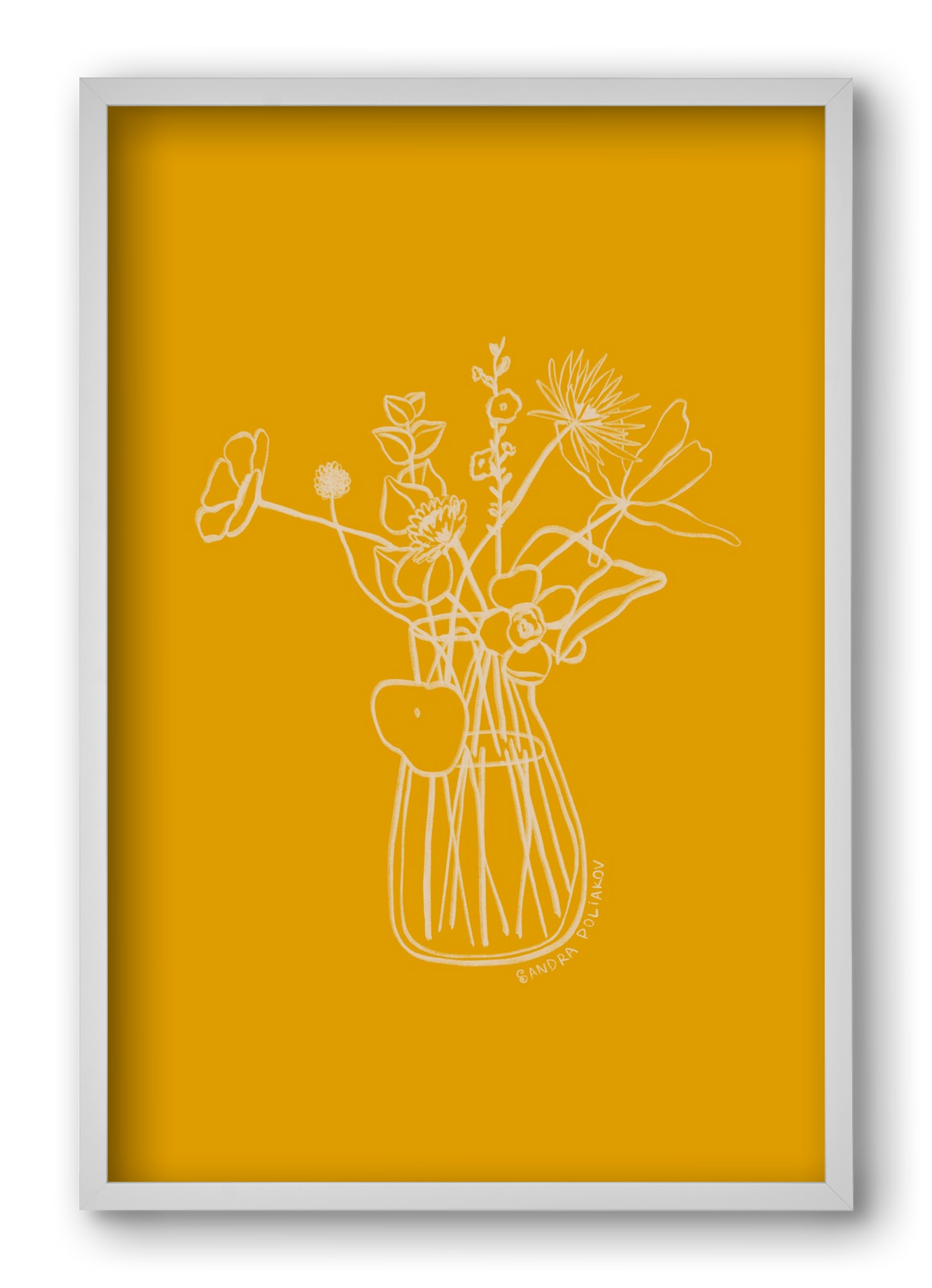 FLOWERS AND LEAVES IN YELLOW, 40x60 cm (40x60 cm), Fehér keret