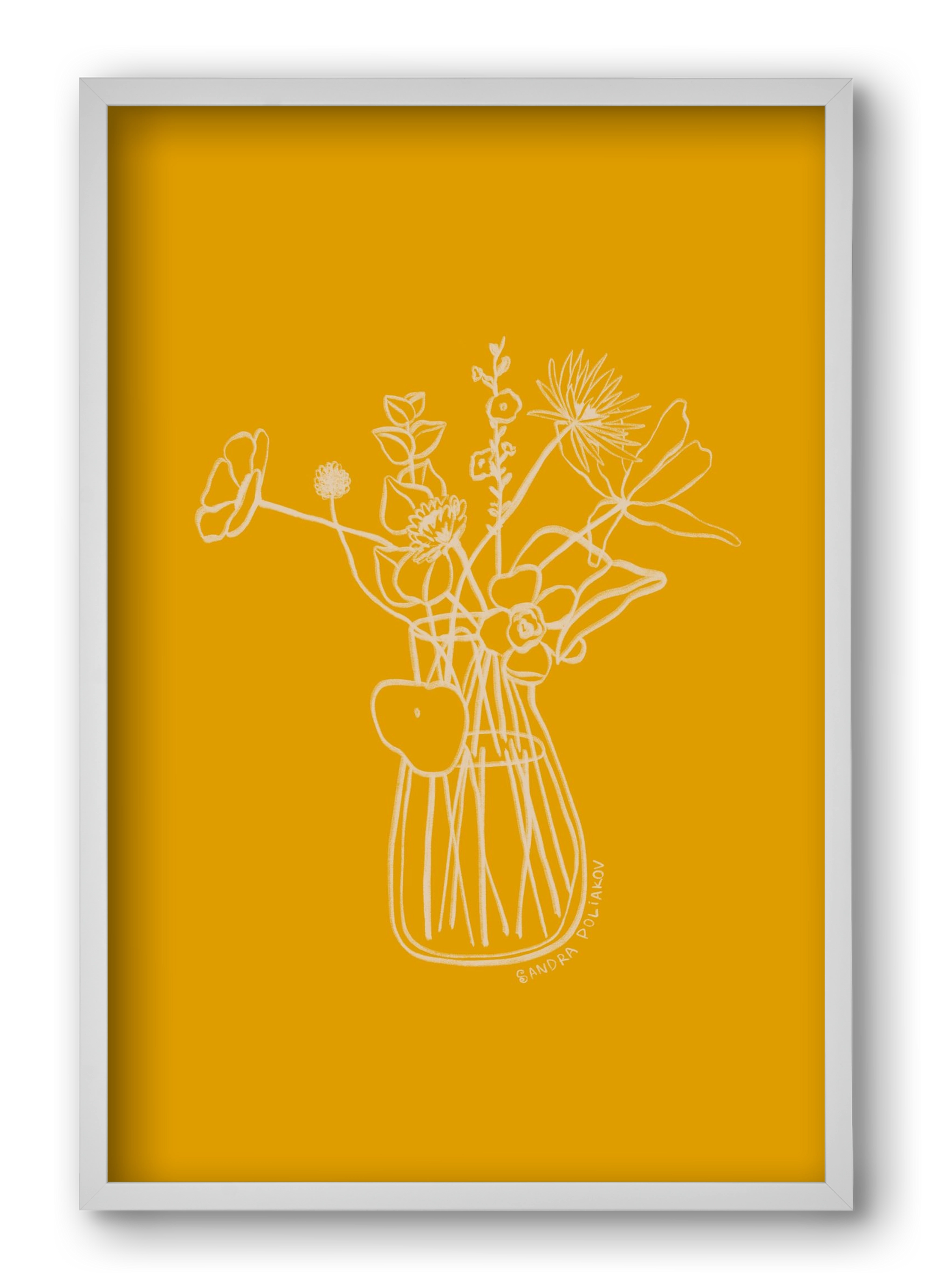 FLOWERS AND LEAVES IN YELLOW, 40x60 cm (40x60 cm), Fehér keret