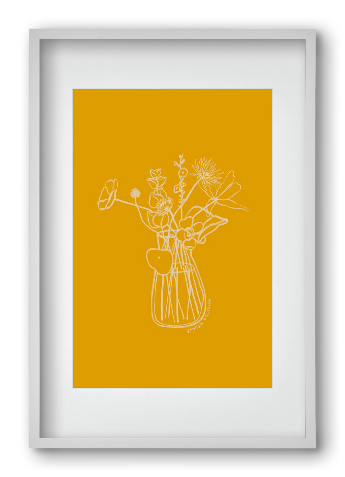 FLOWERS AND LEAVES IN YELLOW, 40x60 cm (30x45 cm), Fehér keret, paszpartuval