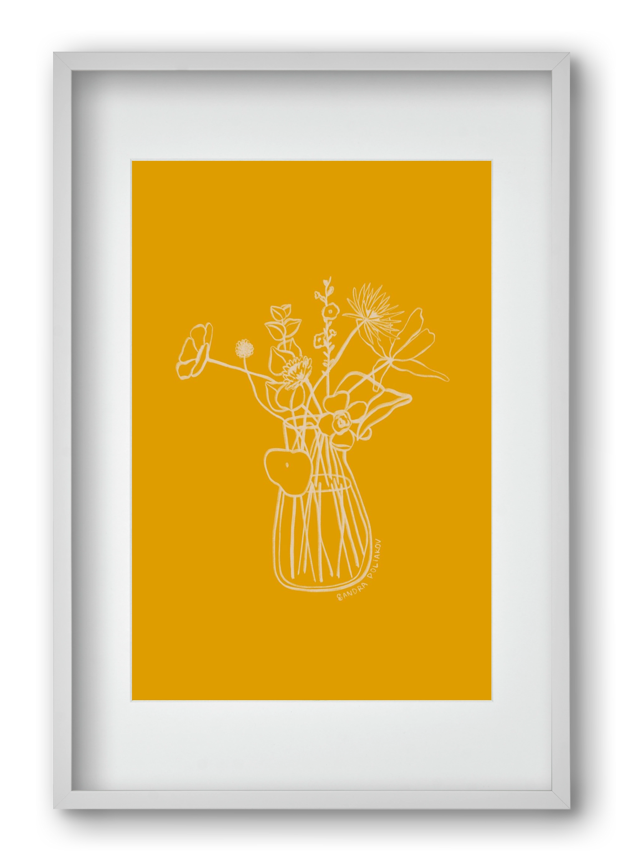 FLOWERS AND LEAVES IN YELLOW, 40x60 cm (30x45 cm), Fehér keret, paszpartuval