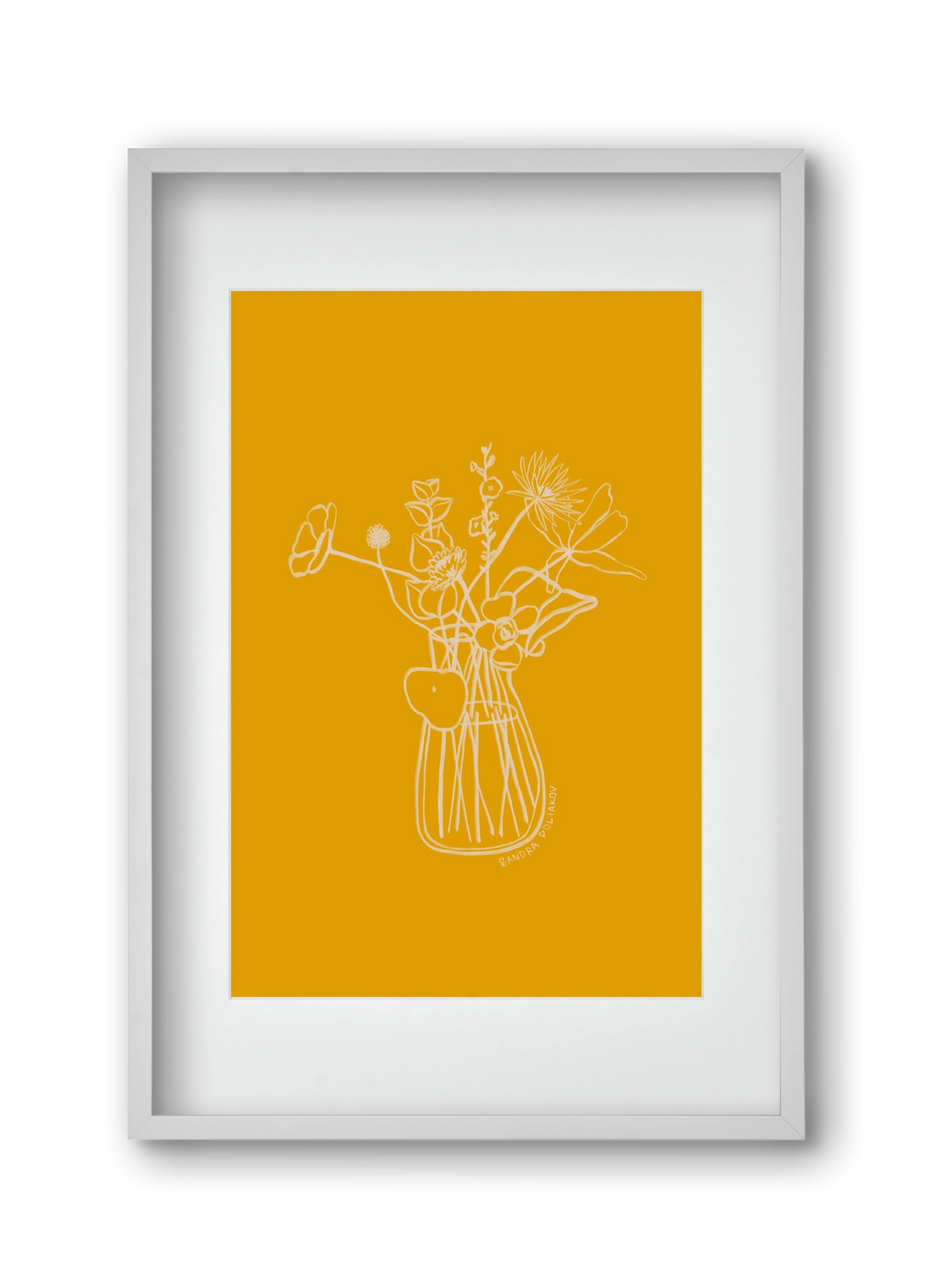 FLOWERS AND LEAVES IN YELLOW, 30x45 cm (20x30 cm), Fehér keret, paszpartuval