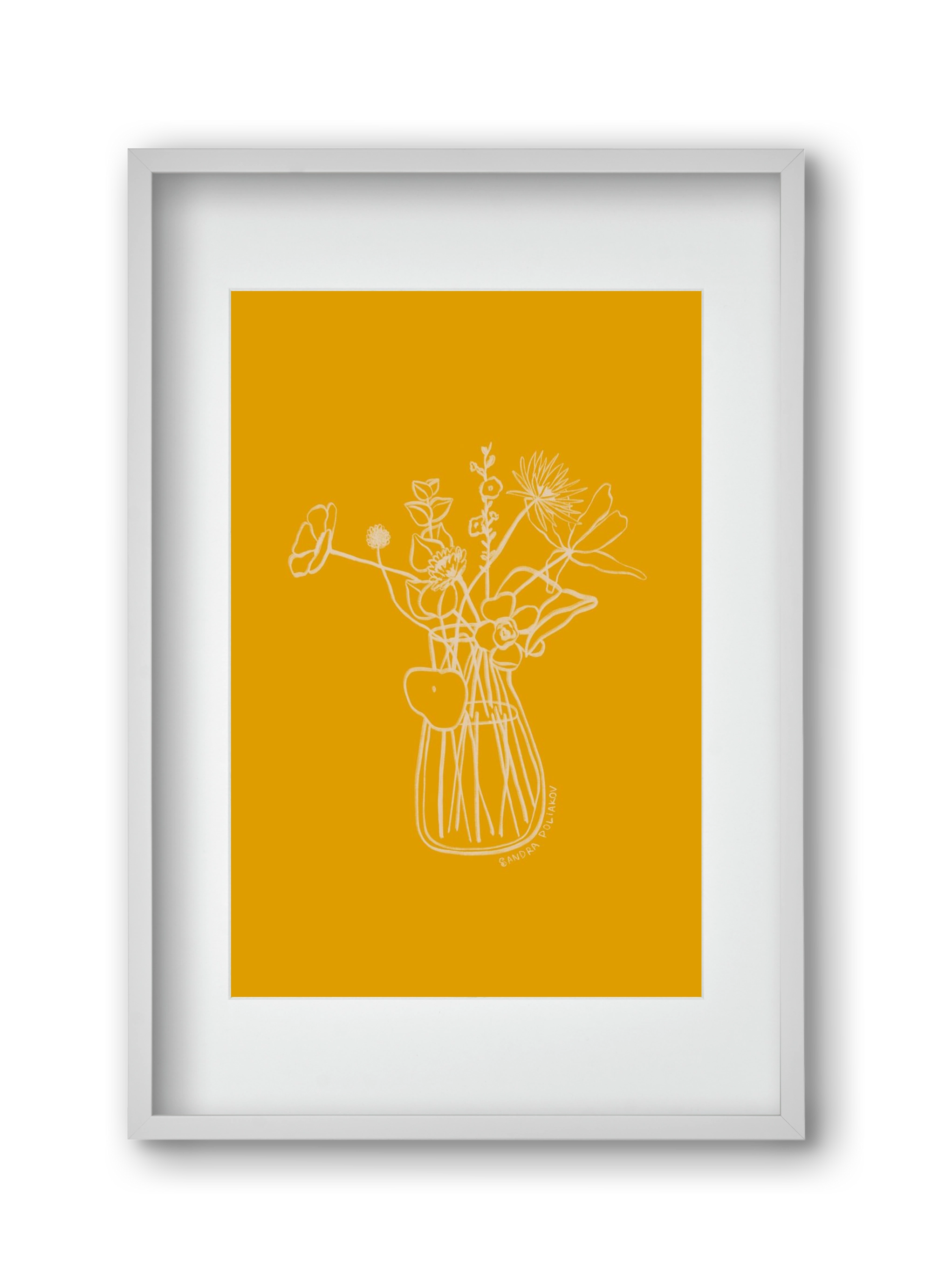 FLOWERS AND LEAVES IN YELLOW, 30x45 cm (20x30 cm), Fehér keret, paszpartuval