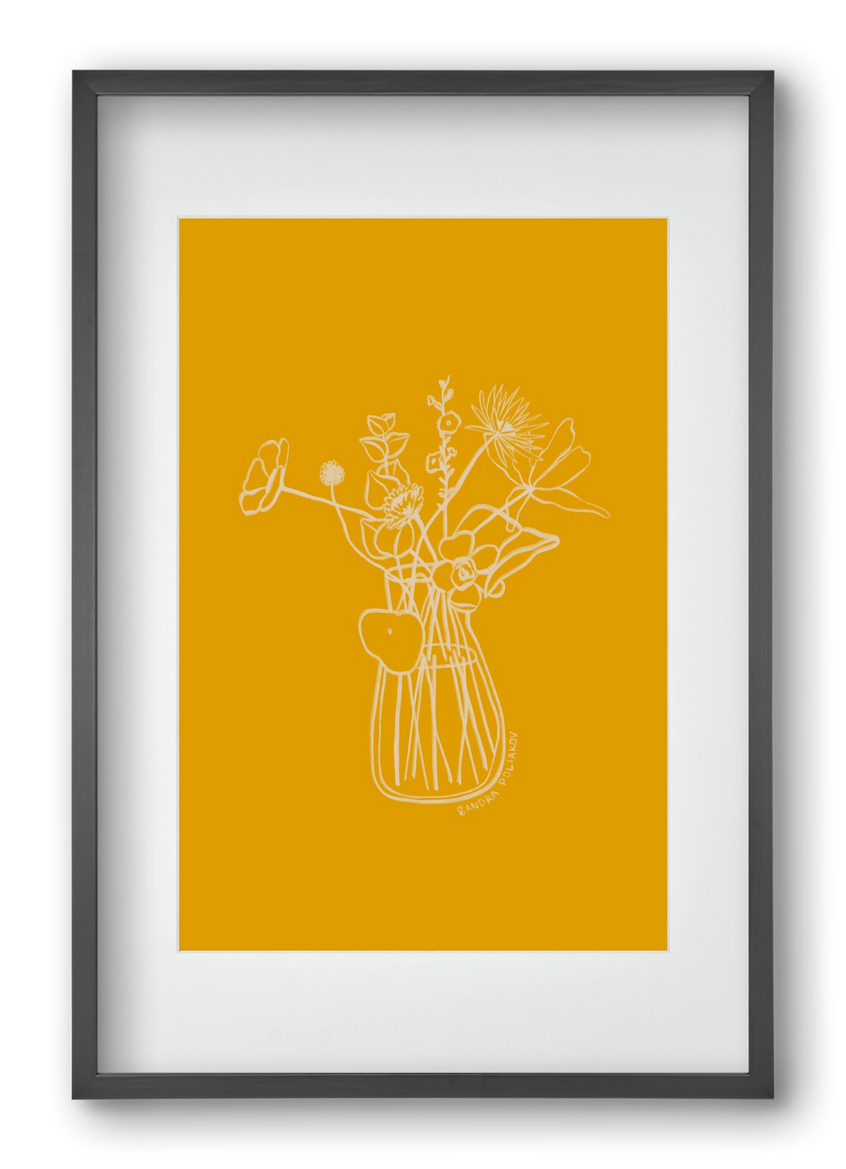 FLOWERS AND LEAVES IN YELLOW, 40x60 cm (30x45 cm), Fekete keret, paszpartuval