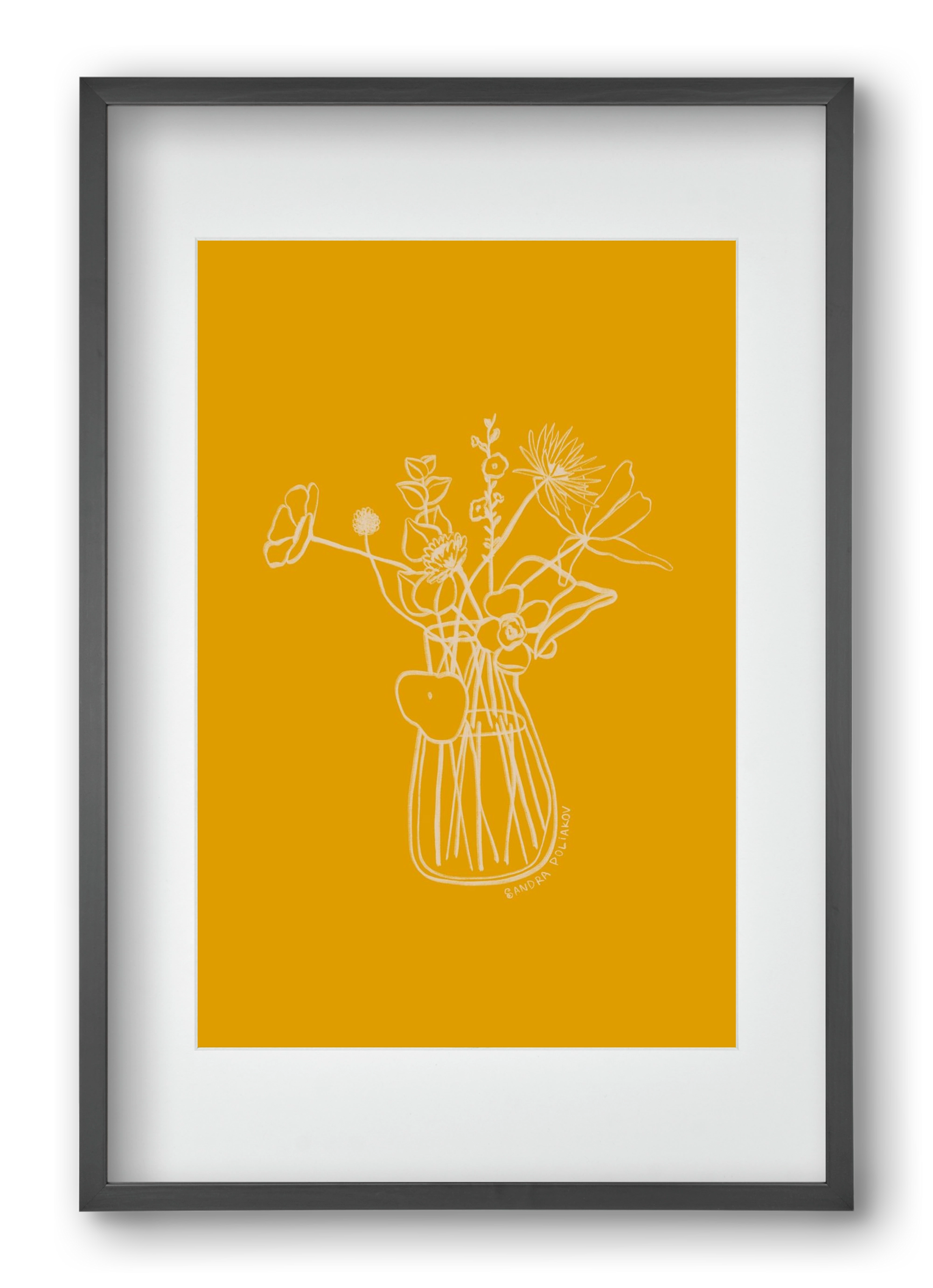 FLOWERS AND LEAVES IN YELLOW, 40x60 cm (30x45 cm), Fekete keret, paszpartuval