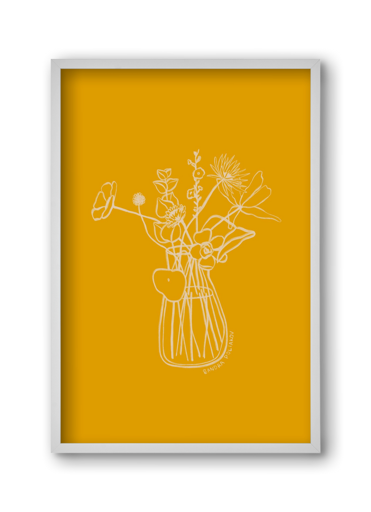 FLOWERS AND LEAVES IN YELLOW, 30x45 cm (30x45 cm), Fehér keret