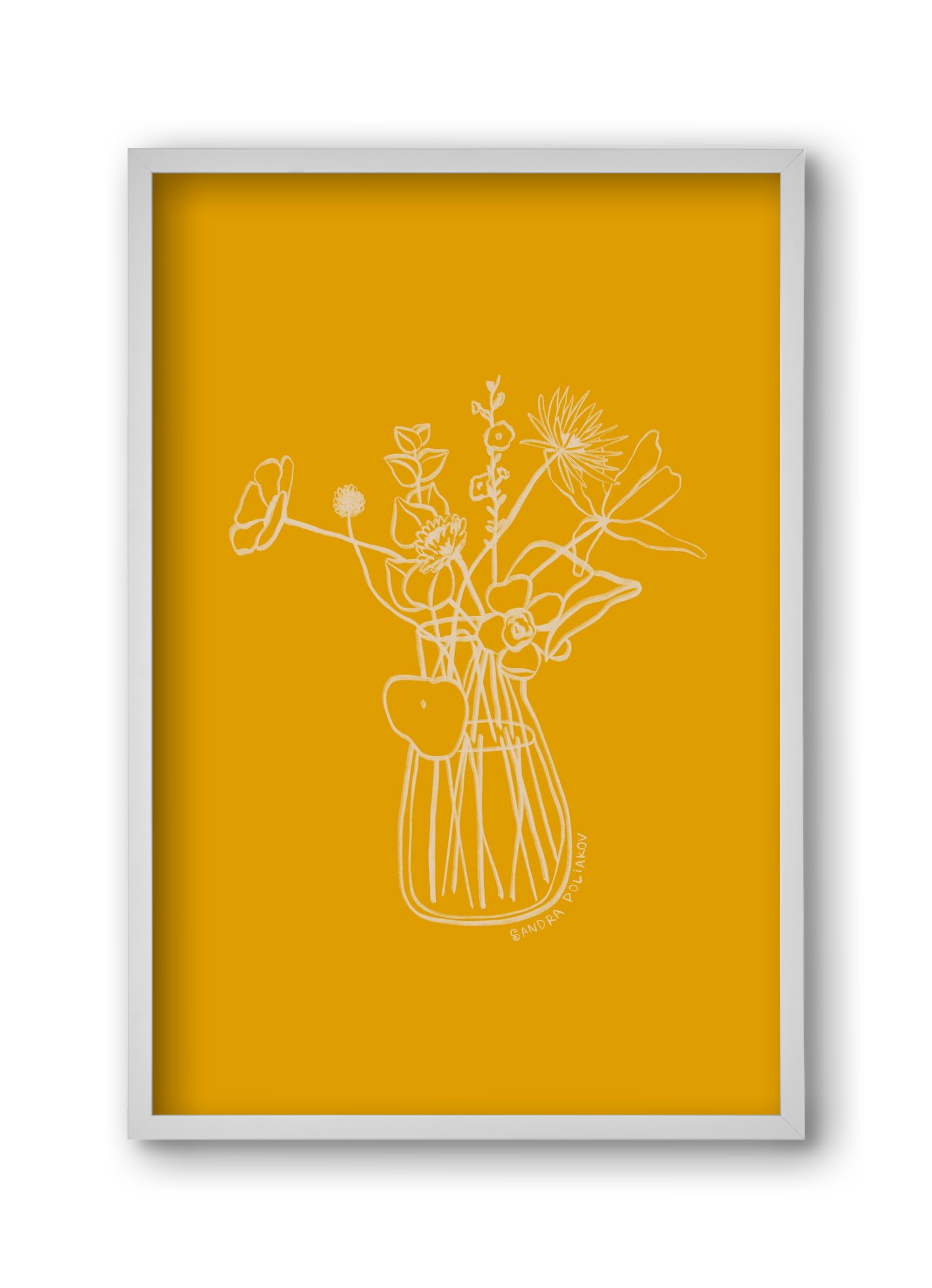 FLOWERS AND LEAVES IN YELLOW, 30x45 cm (30x45 cm), Fehér keret