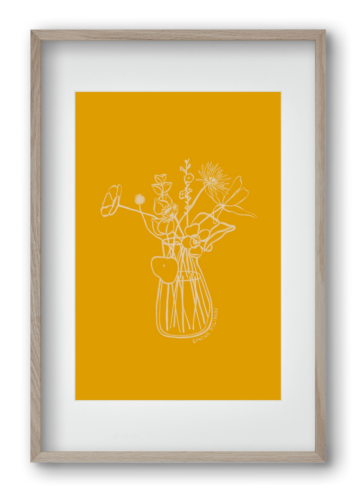 FLOWERS AND LEAVES IN YELLOW, 40x60 cm (30x45 cm), Tölgy keret, paszpartuval