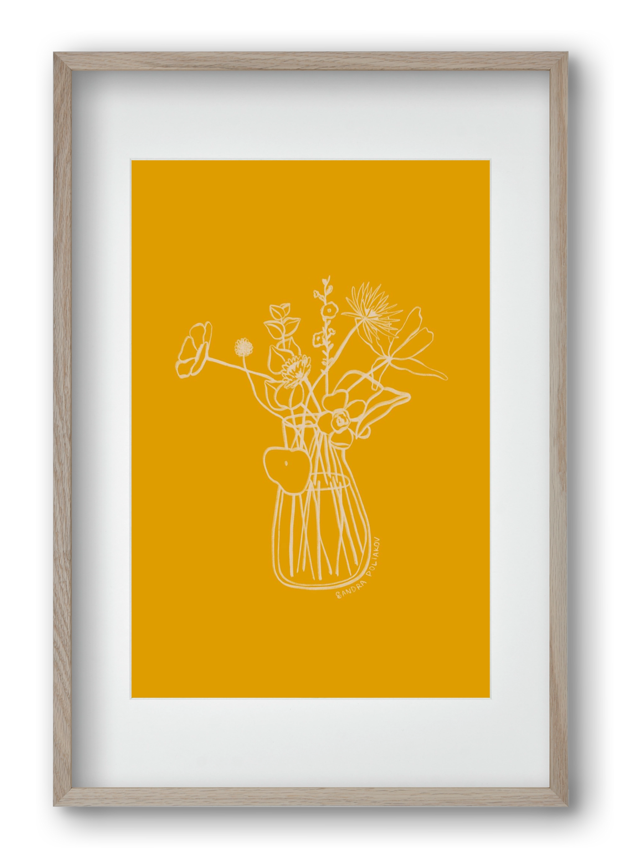 FLOWERS AND LEAVES IN YELLOW, 40x60 cm (30x45 cm), Tölgy keret, paszpartuval