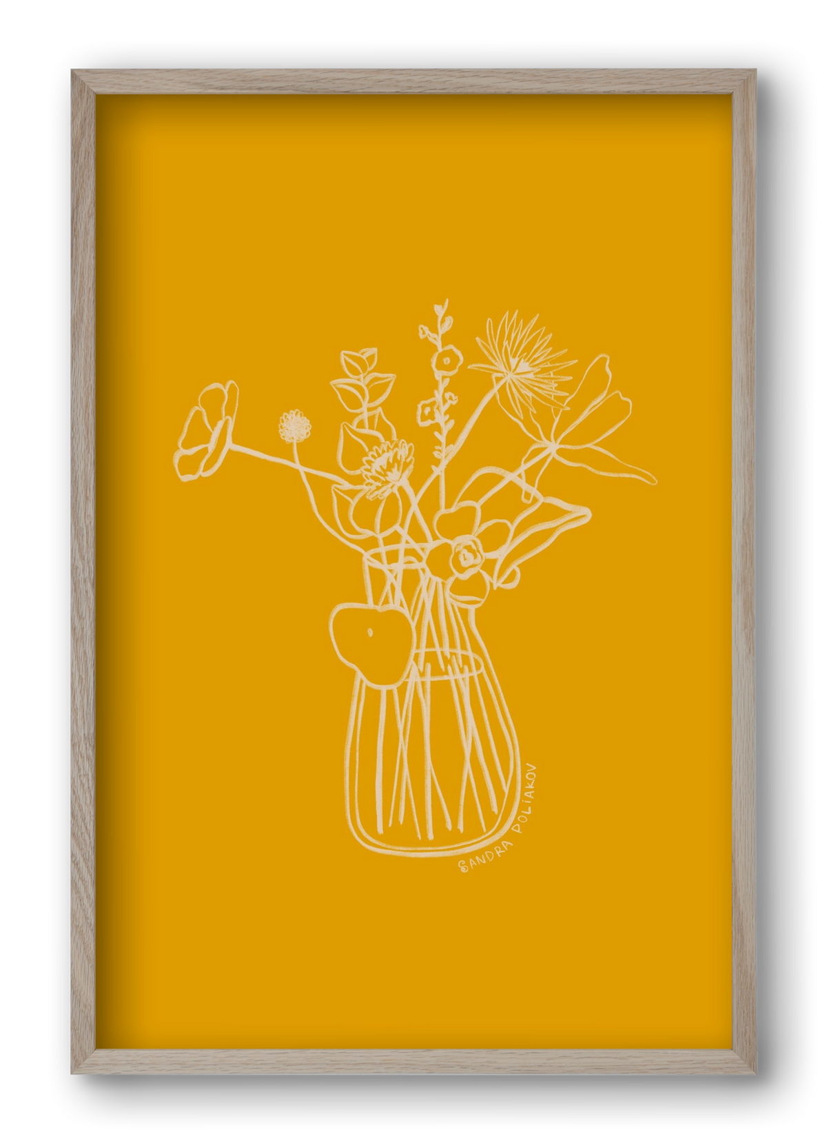 FLOWERS AND LEAVES IN YELLOW, 40x60 cm (40x60 cm), Tölgy keret