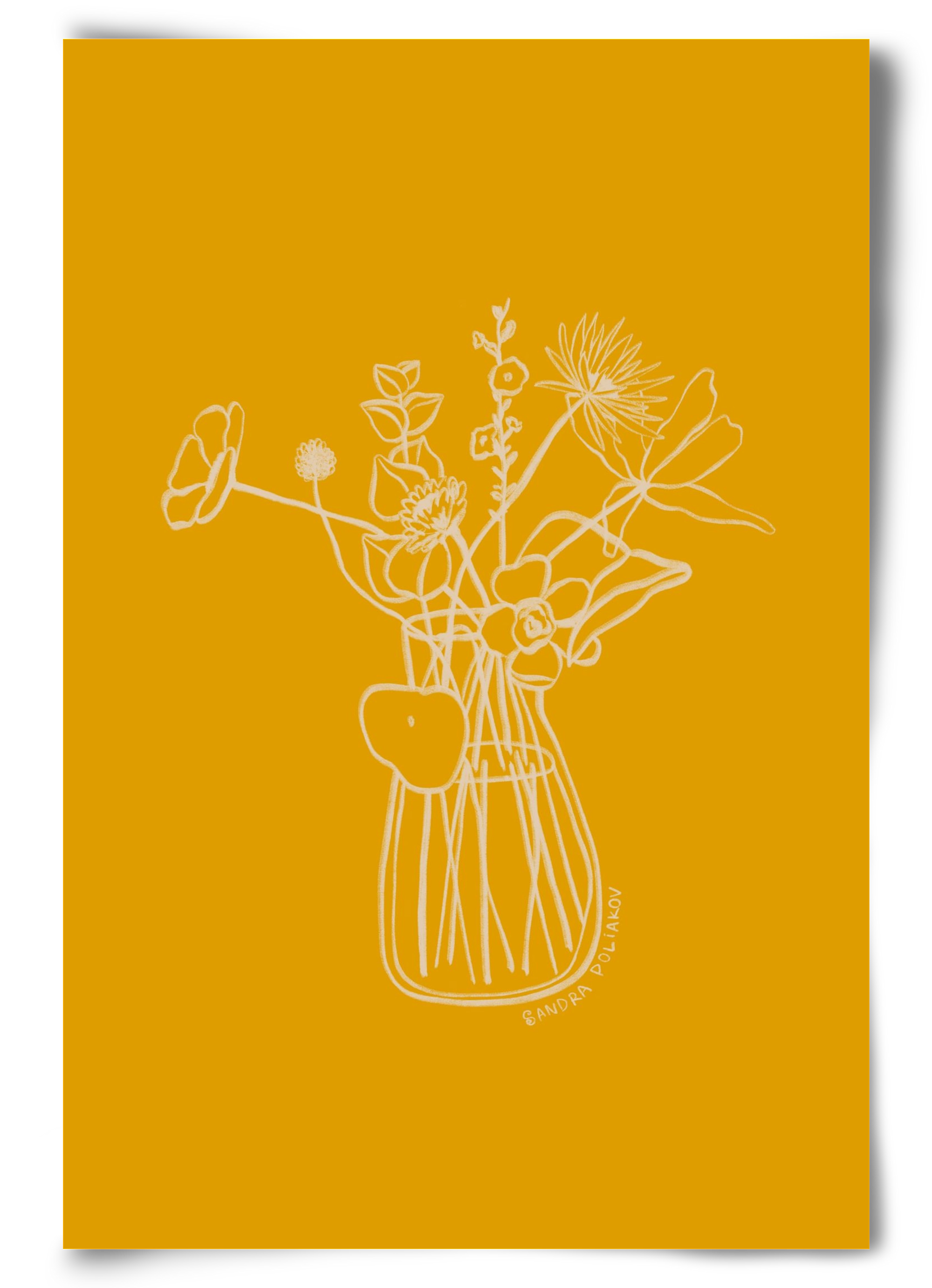FLOWERS AND LEAVES IN YELLOW, 60x90 cm, Keret nélkül