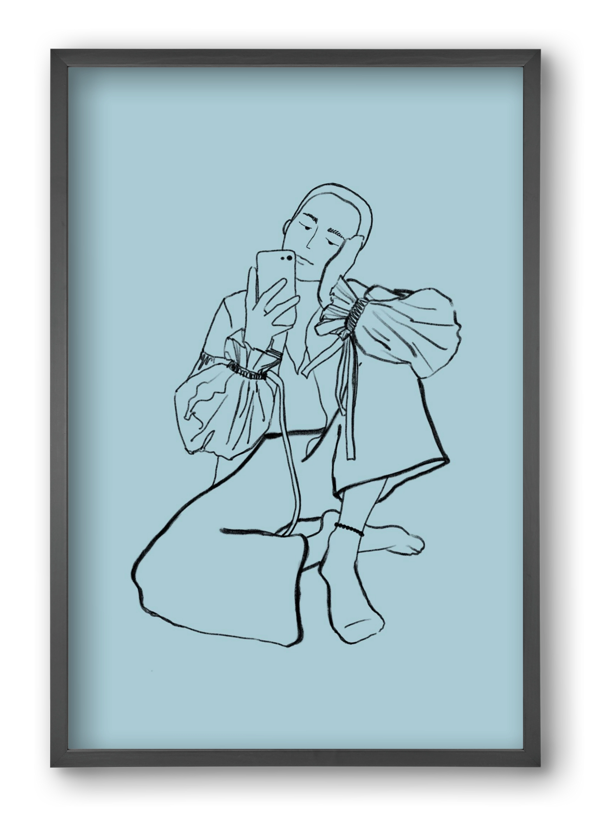 MIRROR SELFIE LIGHT BLUE, 40x60 cm (40x60 cm), Fekete keret