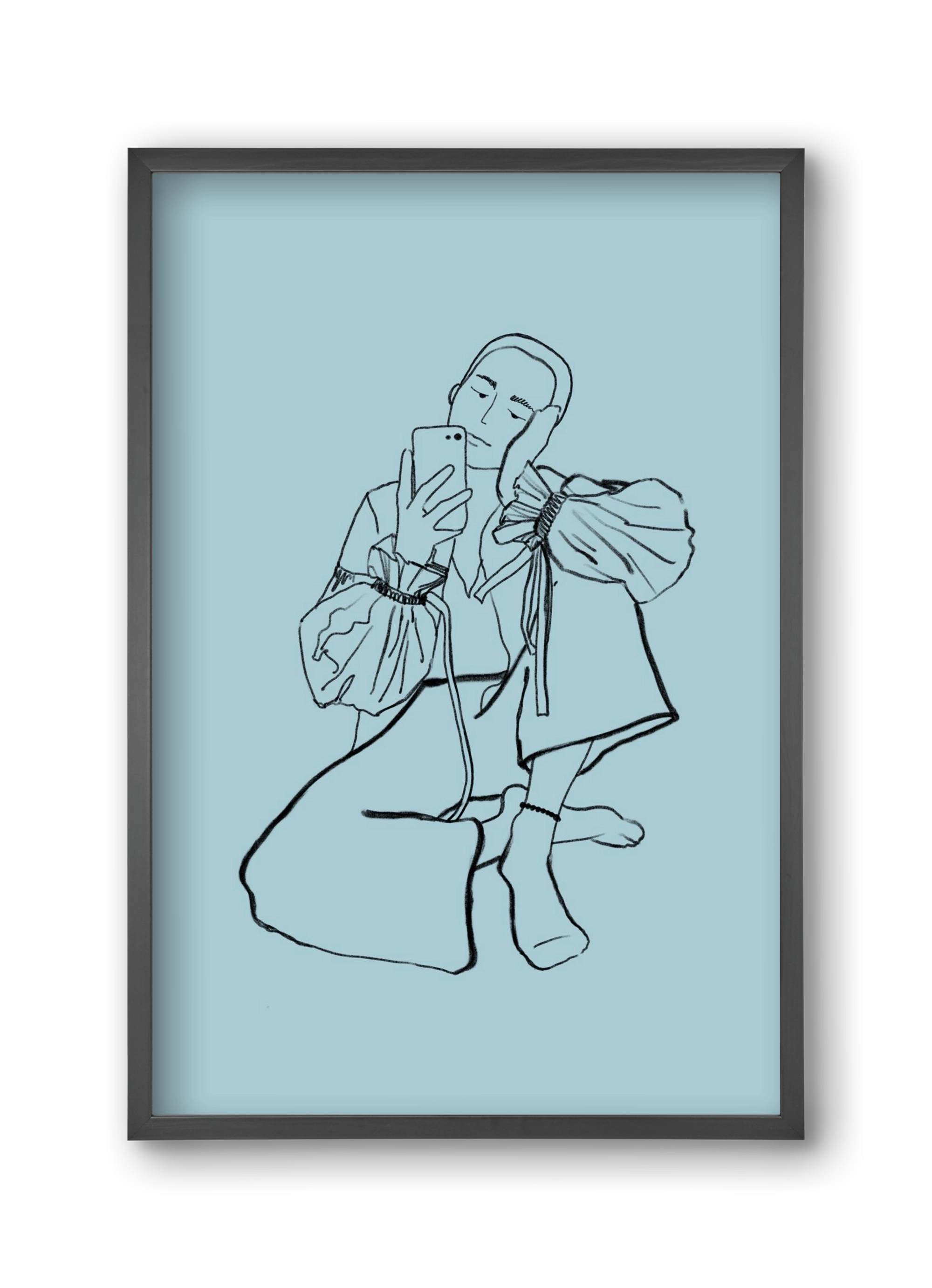 MIRROR SELFIE LIGHT BLUE, 30x45 cm (30x45 cm), Fekete keret