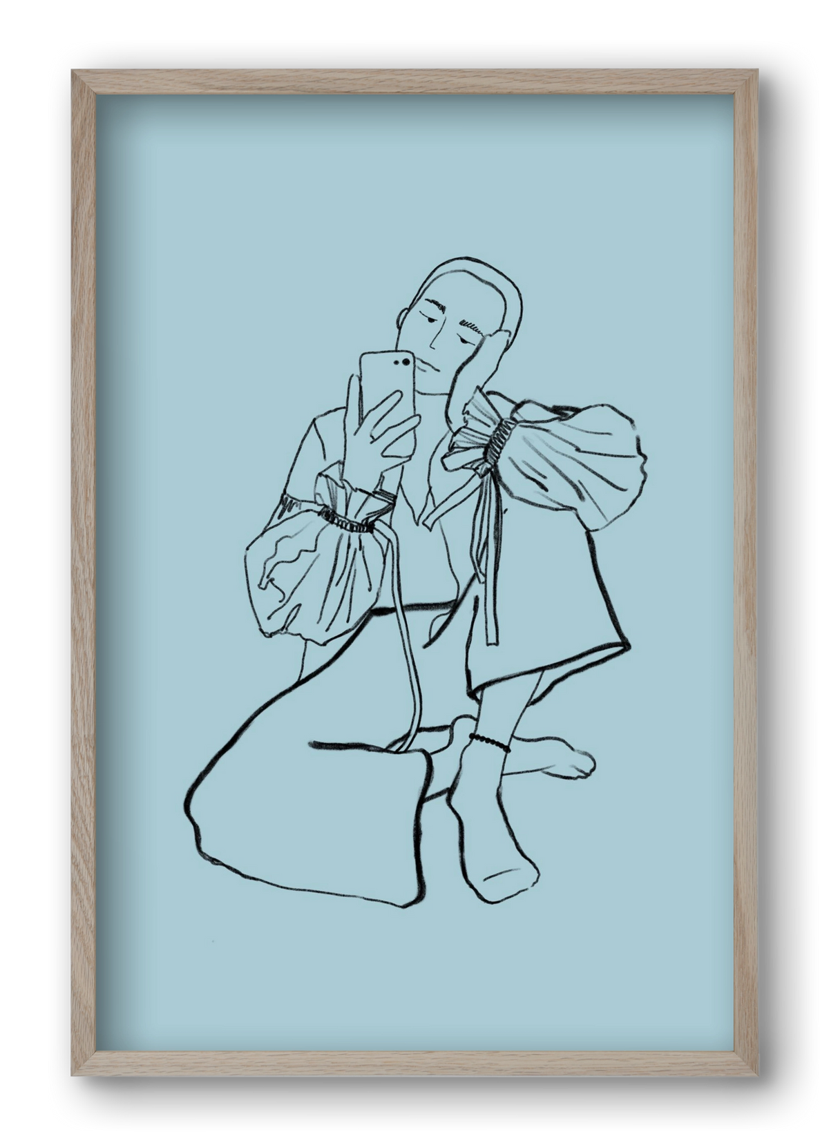 MIRROR SELFIE LIGHT BLUE, 40x60 cm (40x60 cm), Tölgy keret