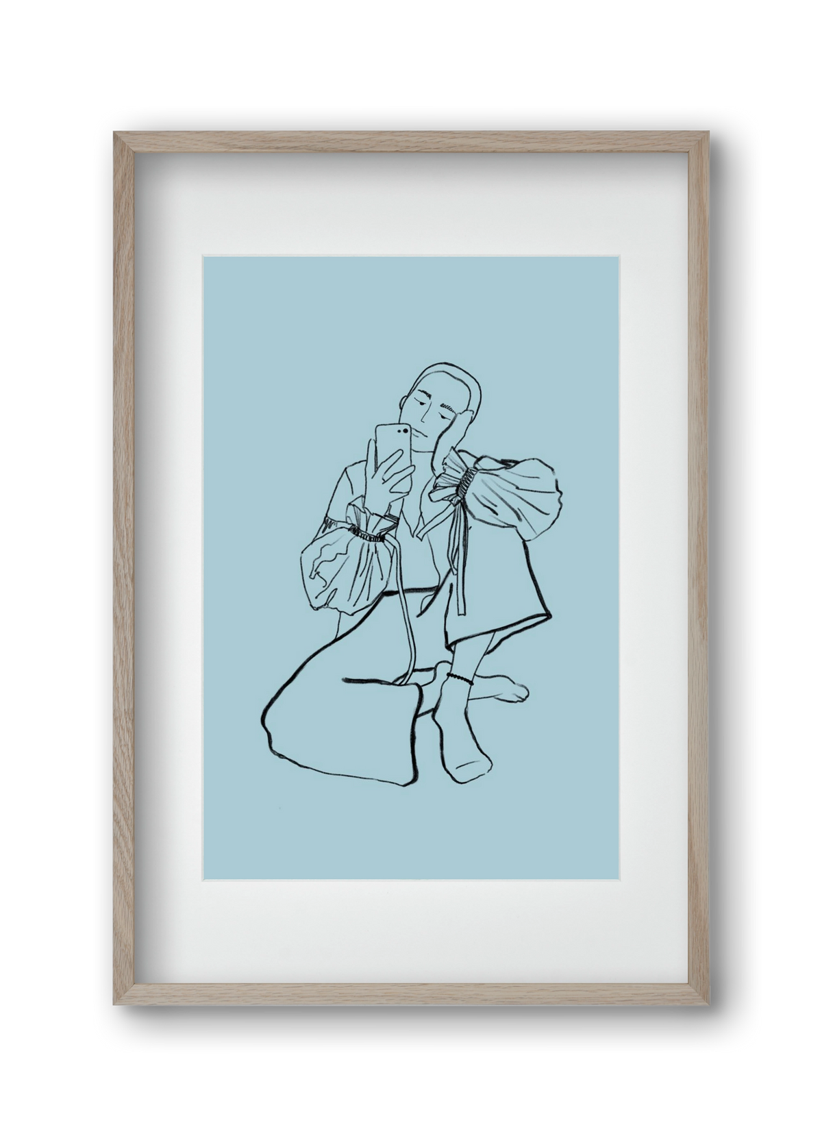 MIRROR SELFIE LIGHT BLUE, 30x45 cm (20x30 cm), Tölgy keret, paszpartuval