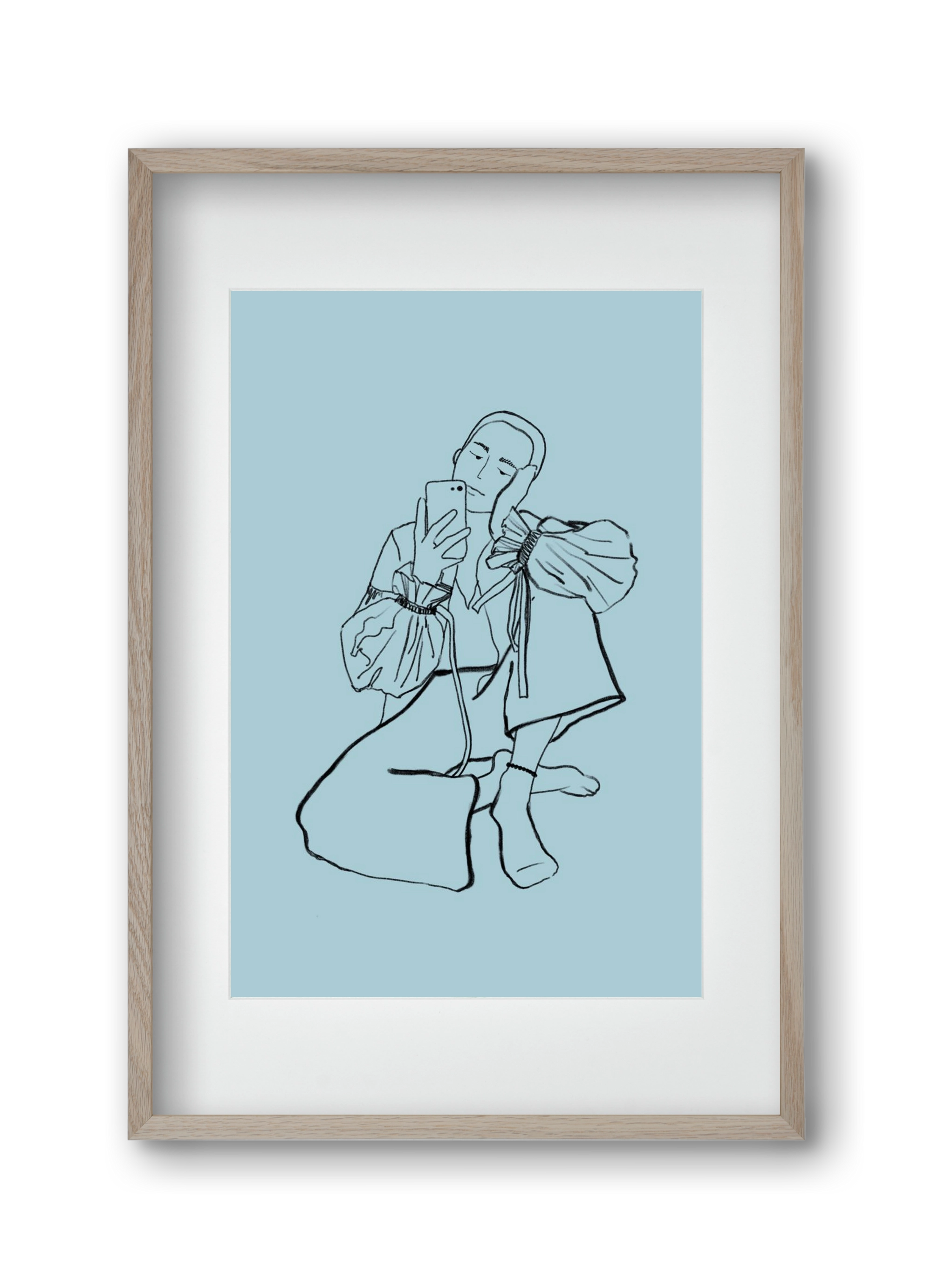 MIRROR SELFIE LIGHT BLUE, 30x45 cm (20x30 cm), Tölgy keret, paszpartuval