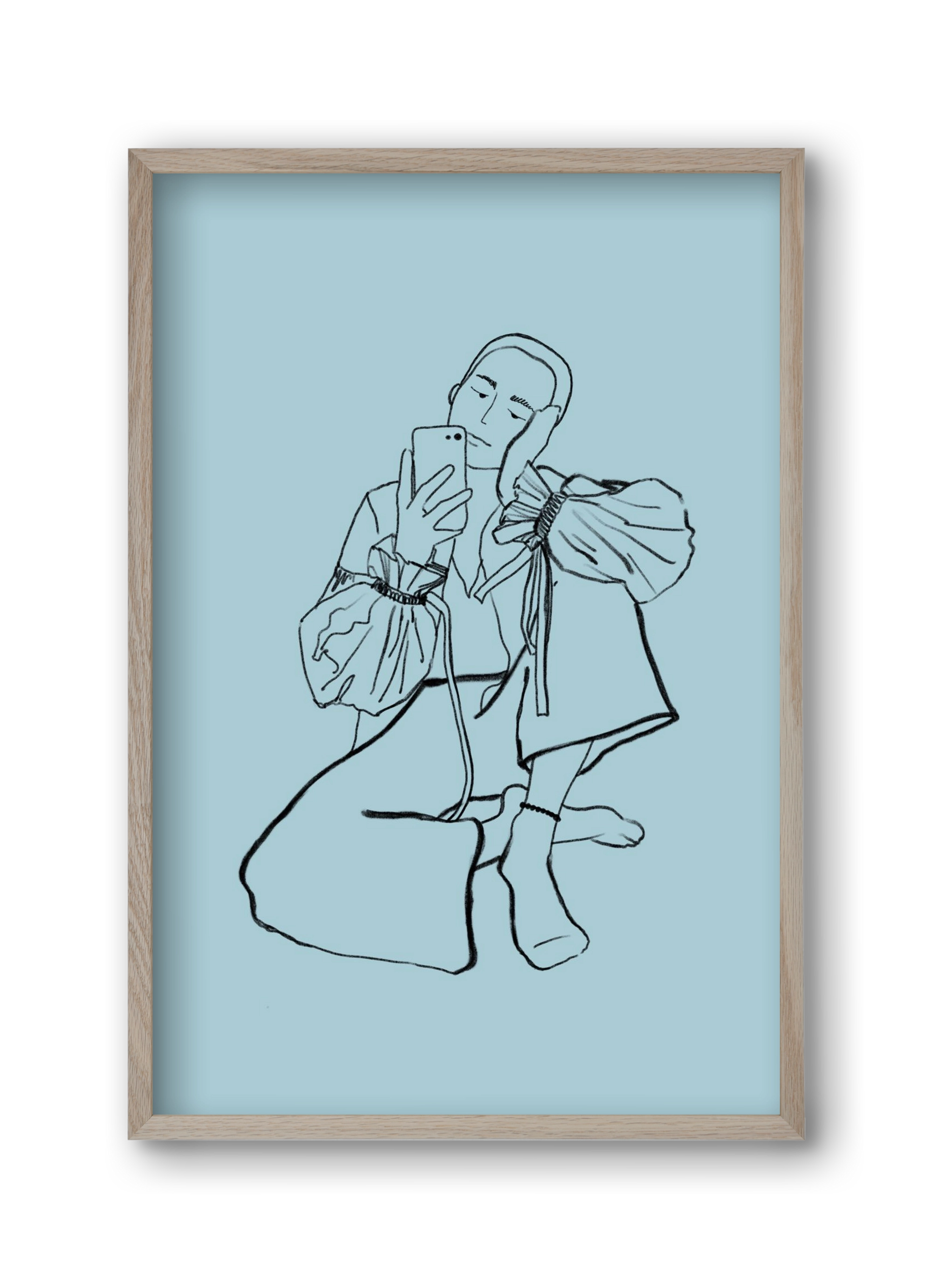 MIRROR SELFIE LIGHT BLUE, 30x45 cm (30x45 cm), Tölgy keret