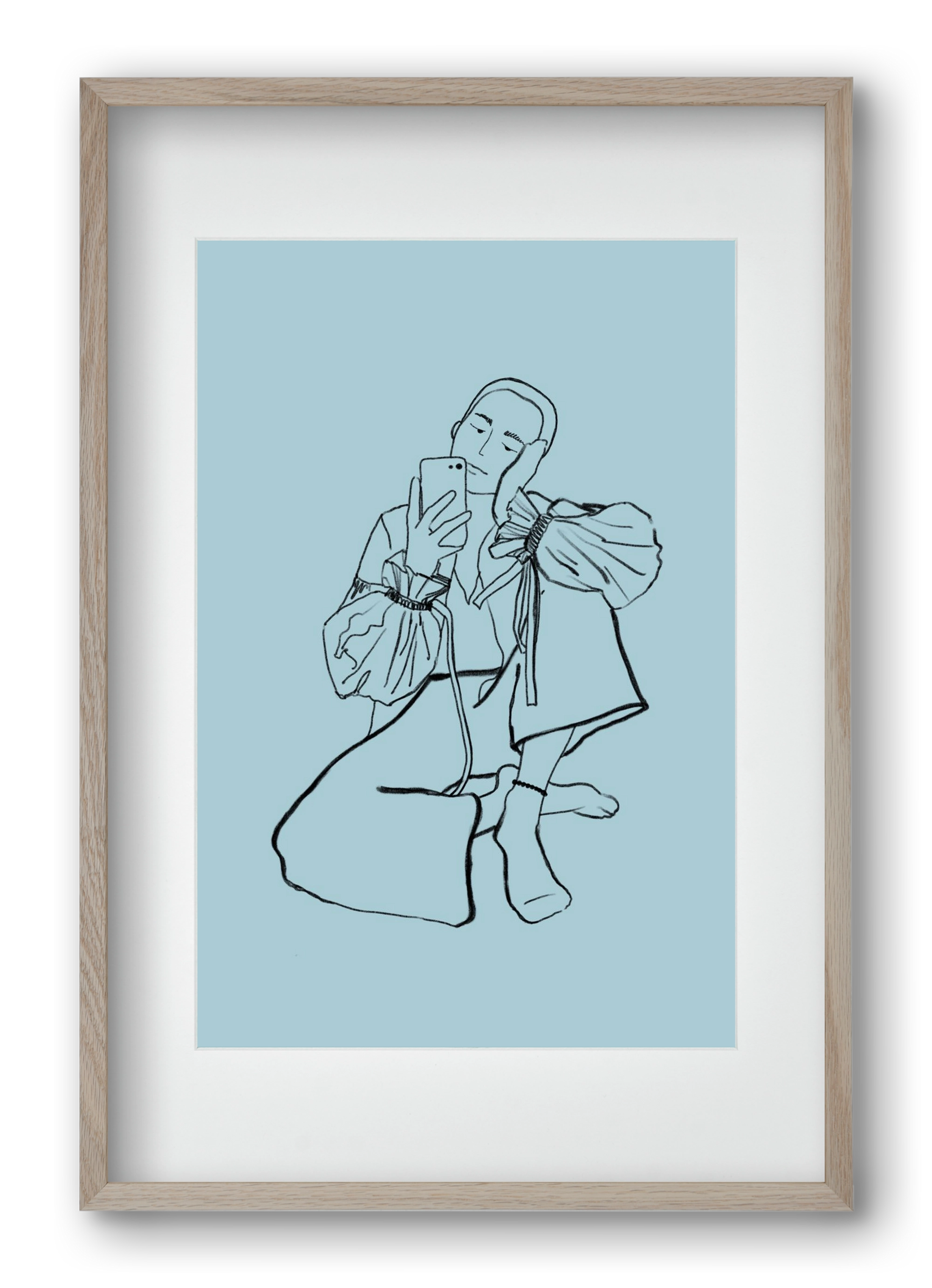 MIRROR SELFIE LIGHT BLUE, 40x60 cm (30x45 cm), Tölgy keret, paszpartuval