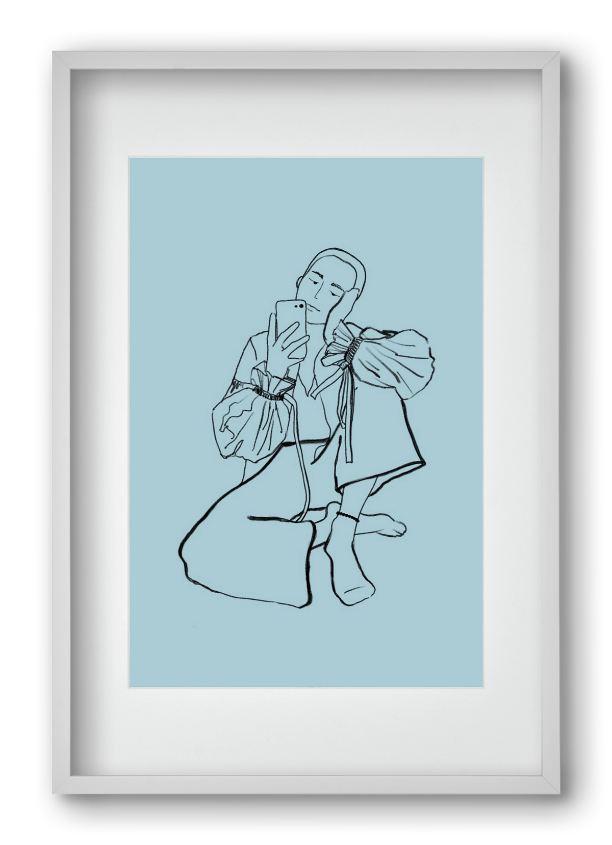 MIRROR SELFIE LIGHT BLUE, 40x60 cm (30x45 cm), Fehér keret, paszpartuval