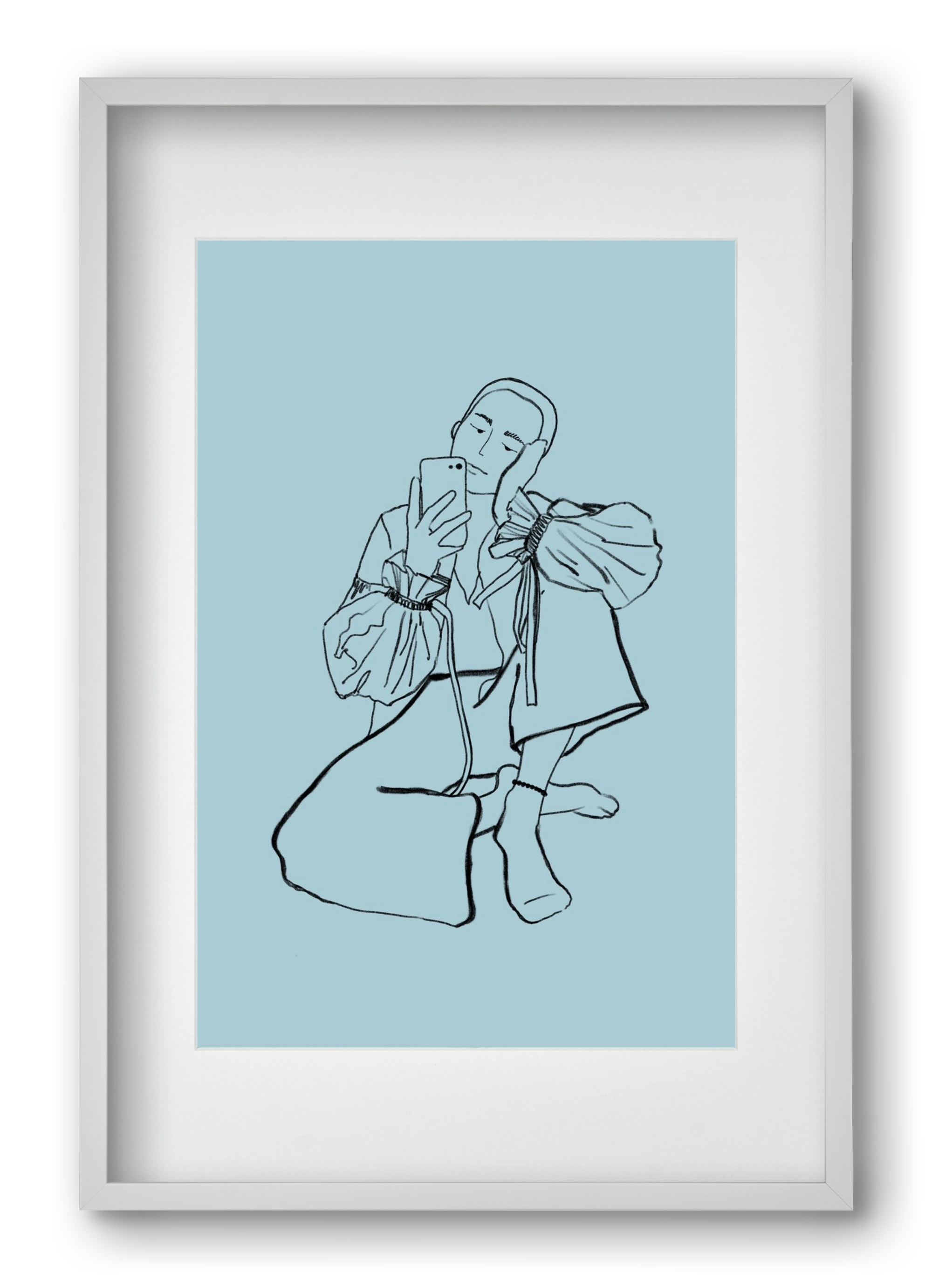 MIRROR SELFIE LIGHT BLUE, 40x60 cm (30x45 cm), Fehér keret, paszpartuval