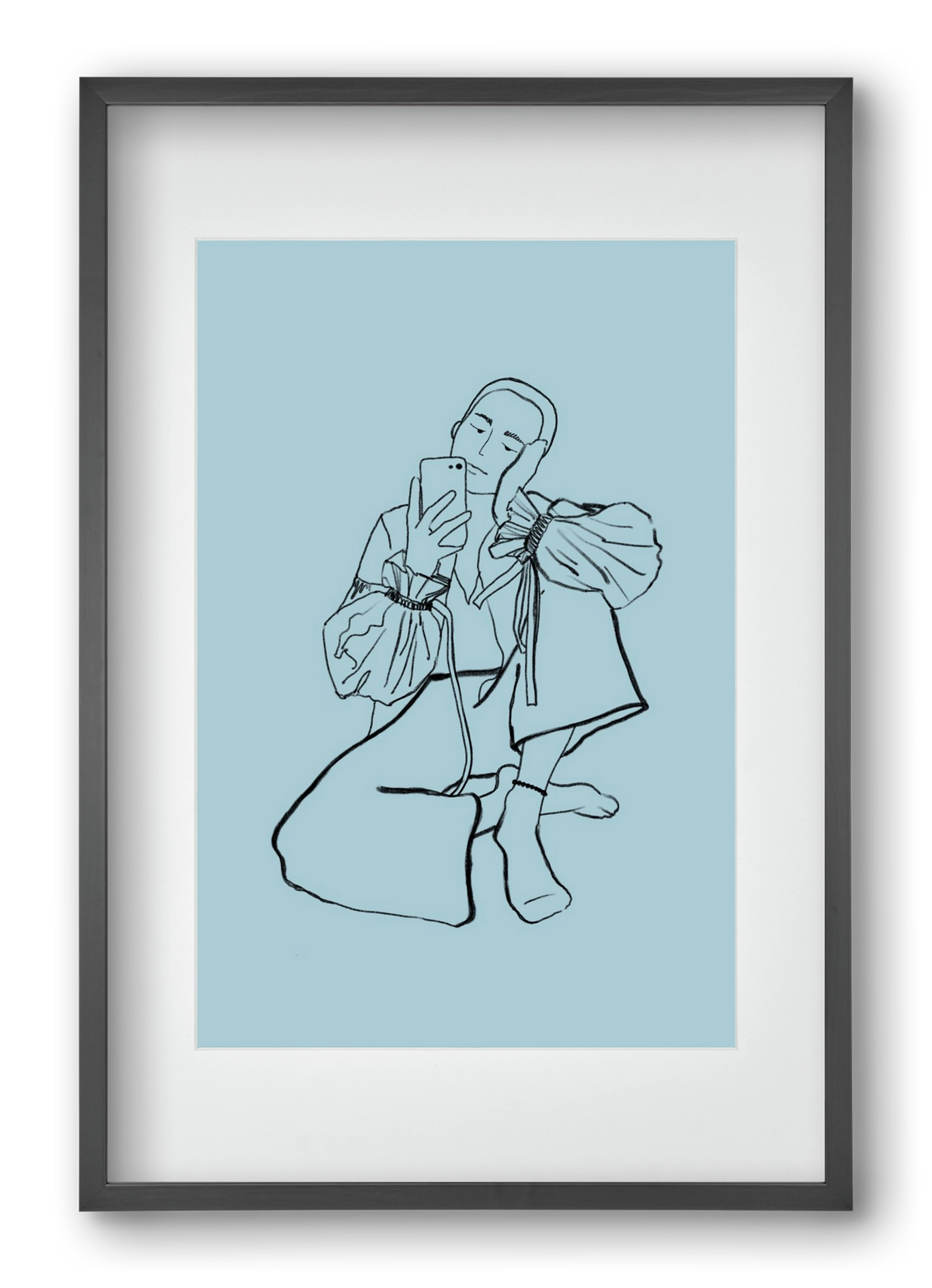 MIRROR SELFIE LIGHT BLUE, 40x60 cm (30x45 cm), Fekete keret, paszpartuval