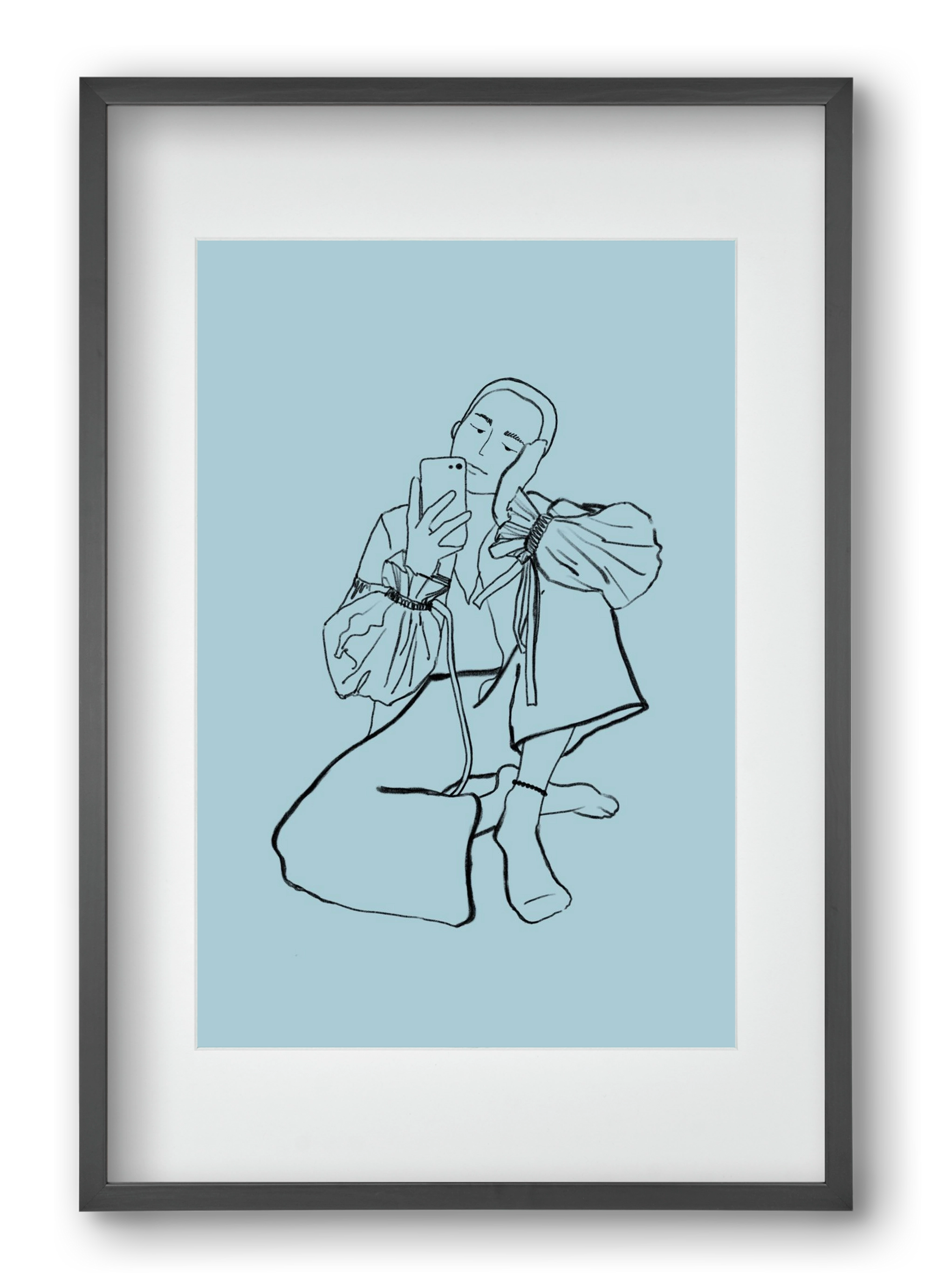 MIRROR SELFIE LIGHT BLUE, 40x60 cm (30x45 cm), Fekete keret, paszpartuval