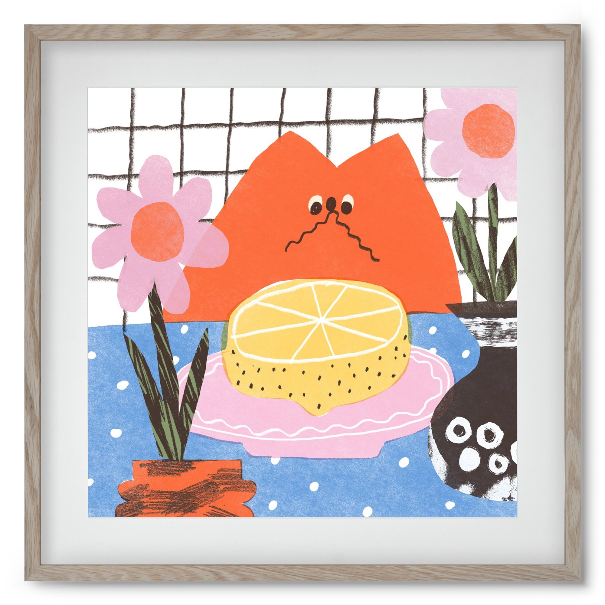 A cat eating lemon, 50x50 cm (40x40 cm), Tölgy keret, paszpartuval