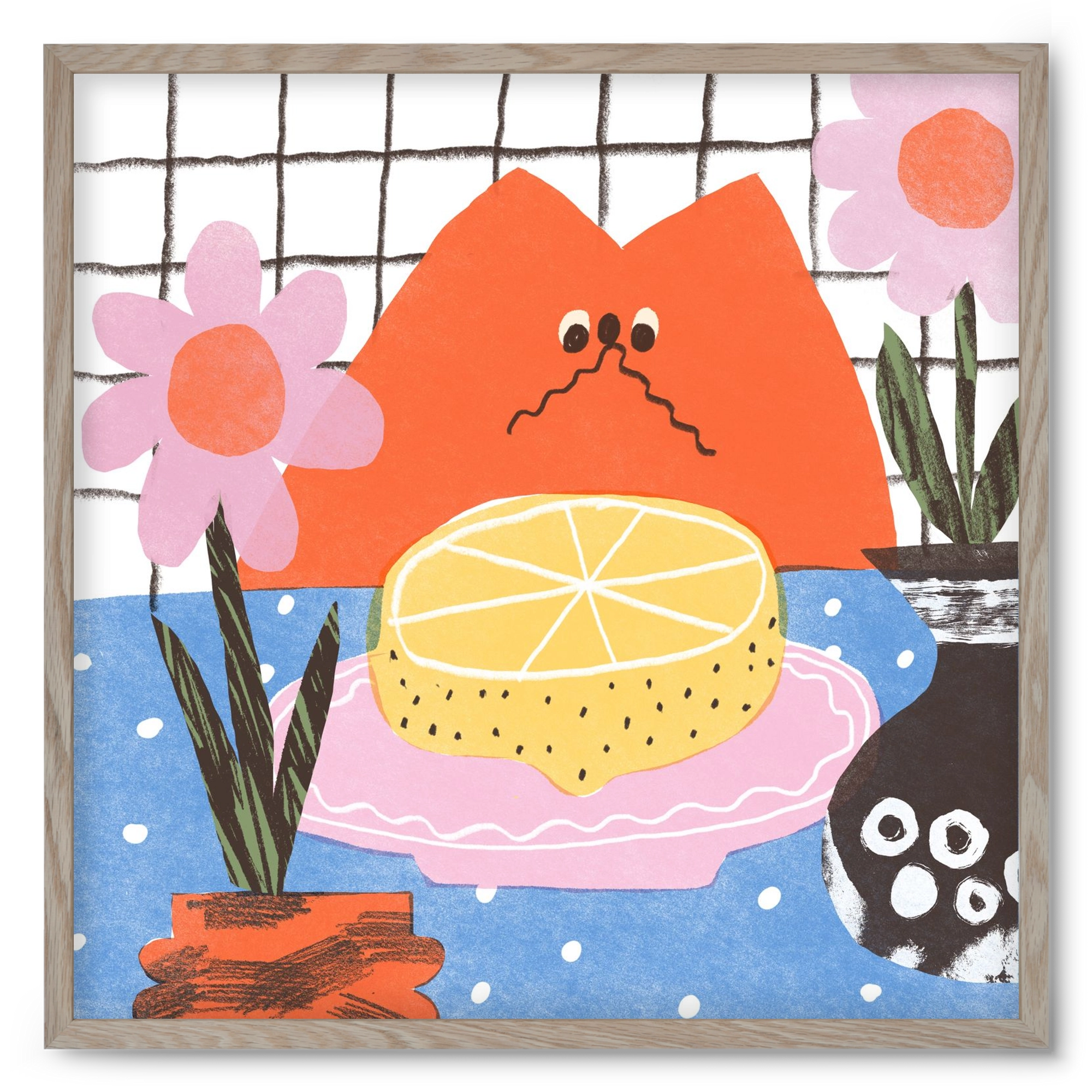A cat eating lemon, 50x50 cm (50x50 cm), Tölgy keret