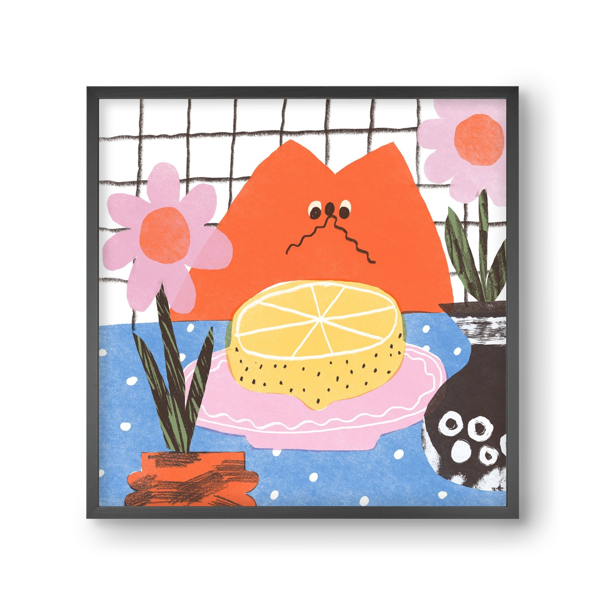 A cat eating lemon, 30x30 cm (30x30 cm), Fekete keret